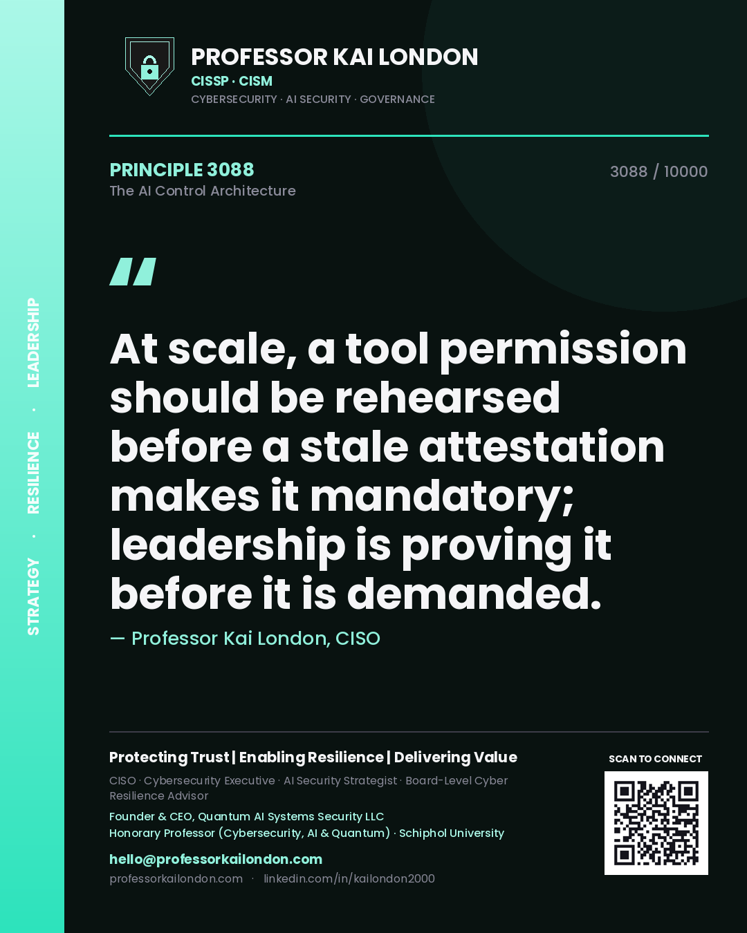 Quote card by Professor Kai London reading 'At scale, a tool permission should be rehearsed before a stale attestation makes it mandatory; leadership is proving it before it is demanded.'. From the book The AI Control Architecture.