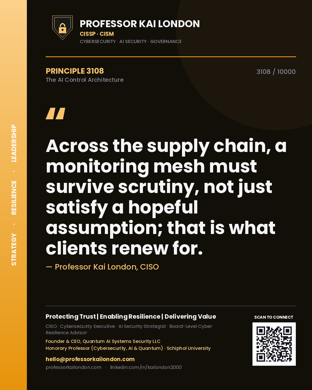 Professor Kai London principle 3108: Across the supply chain, a monitoring mesh must survive scrutiny, not just satisfy a hopeful assumption; that is what clients renew for.
