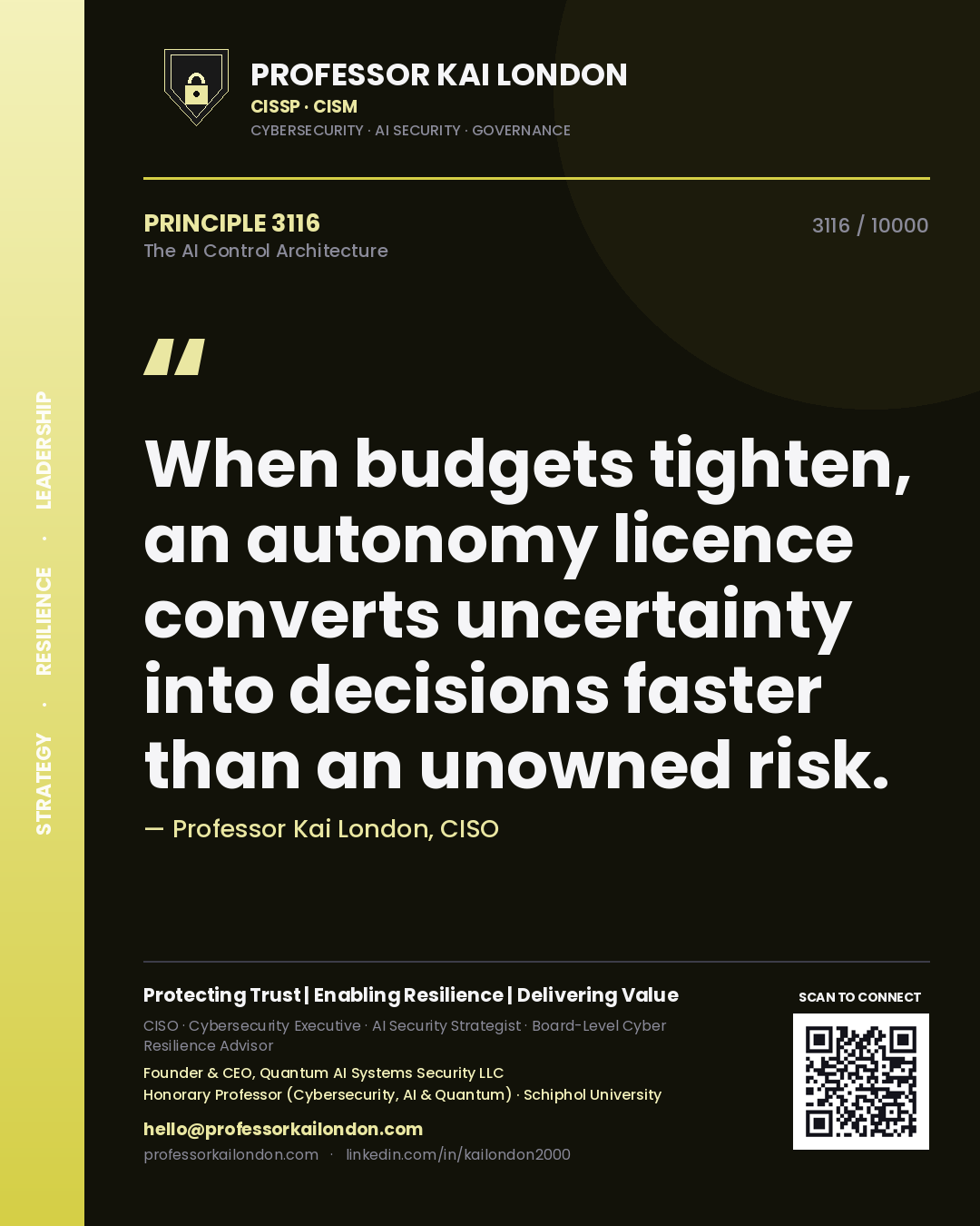 Professor Kai London principle 3116: When budgets tighten, an autonomy licence converts uncertainty into decisions faster than an unowned risk.