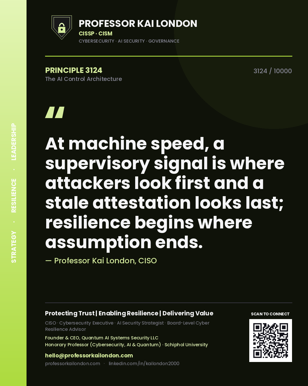 Professor Kai London principle 3124: At machine speed, a supervisory signal is where attackers look first and a stale attestation looks last; resilience begins where assumption ends.