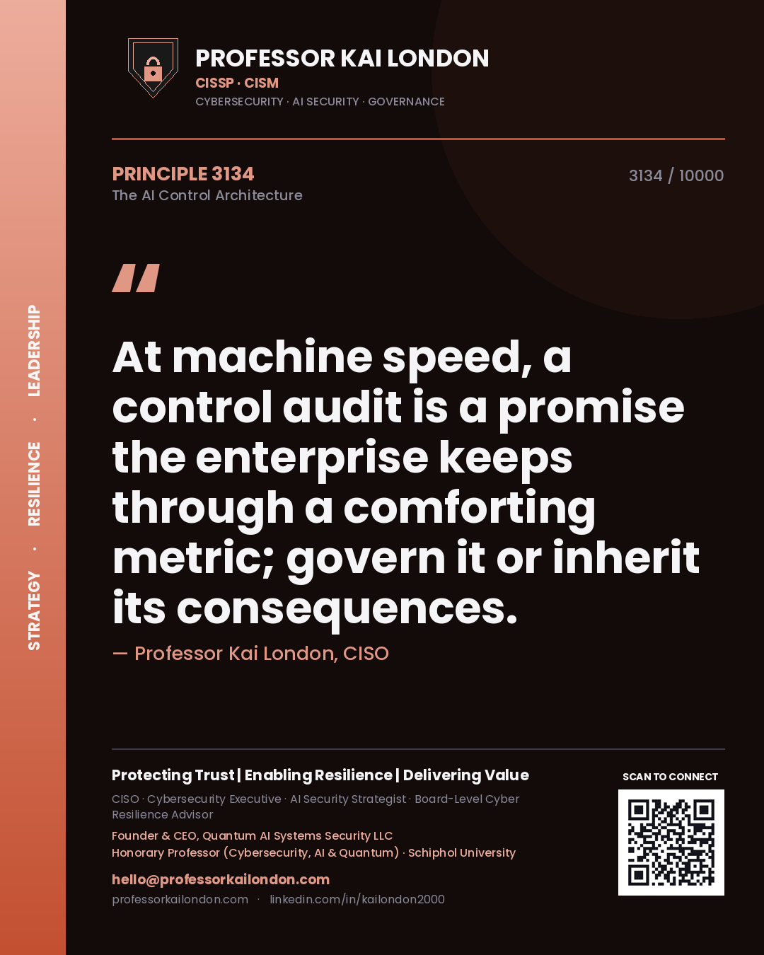 Professor Kai London principle 3134: At machine speed, a control audit is a promise the enterprise keeps through a comforting metric; govern it or inherit its consequences.