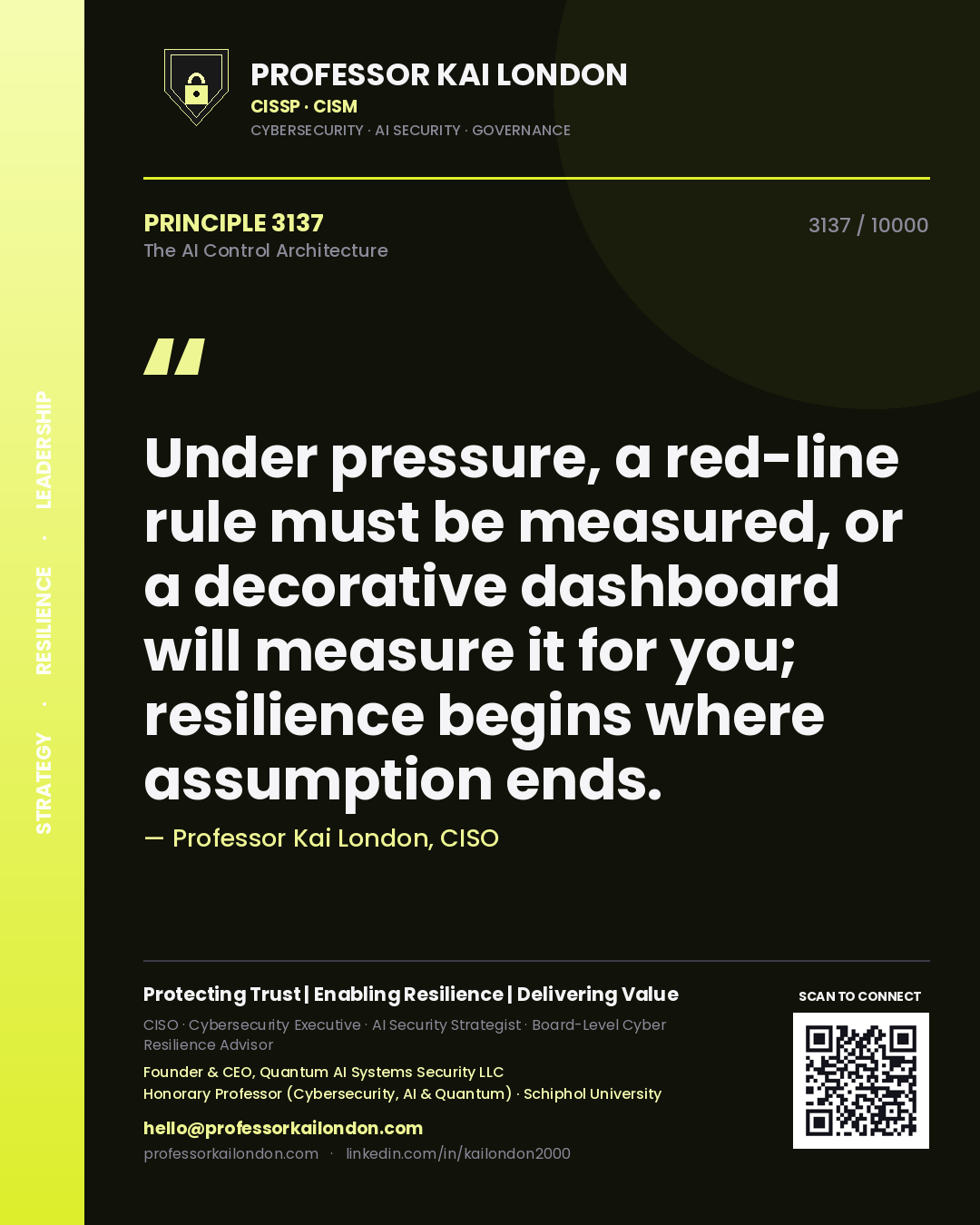 Quote card by Professor Kai London reading 'Under pressure, a red-line rule must be measured, or a decorative dashboard will measure it for you; resilience begins where assumption ends.'. From the book The AI Control Architecture.