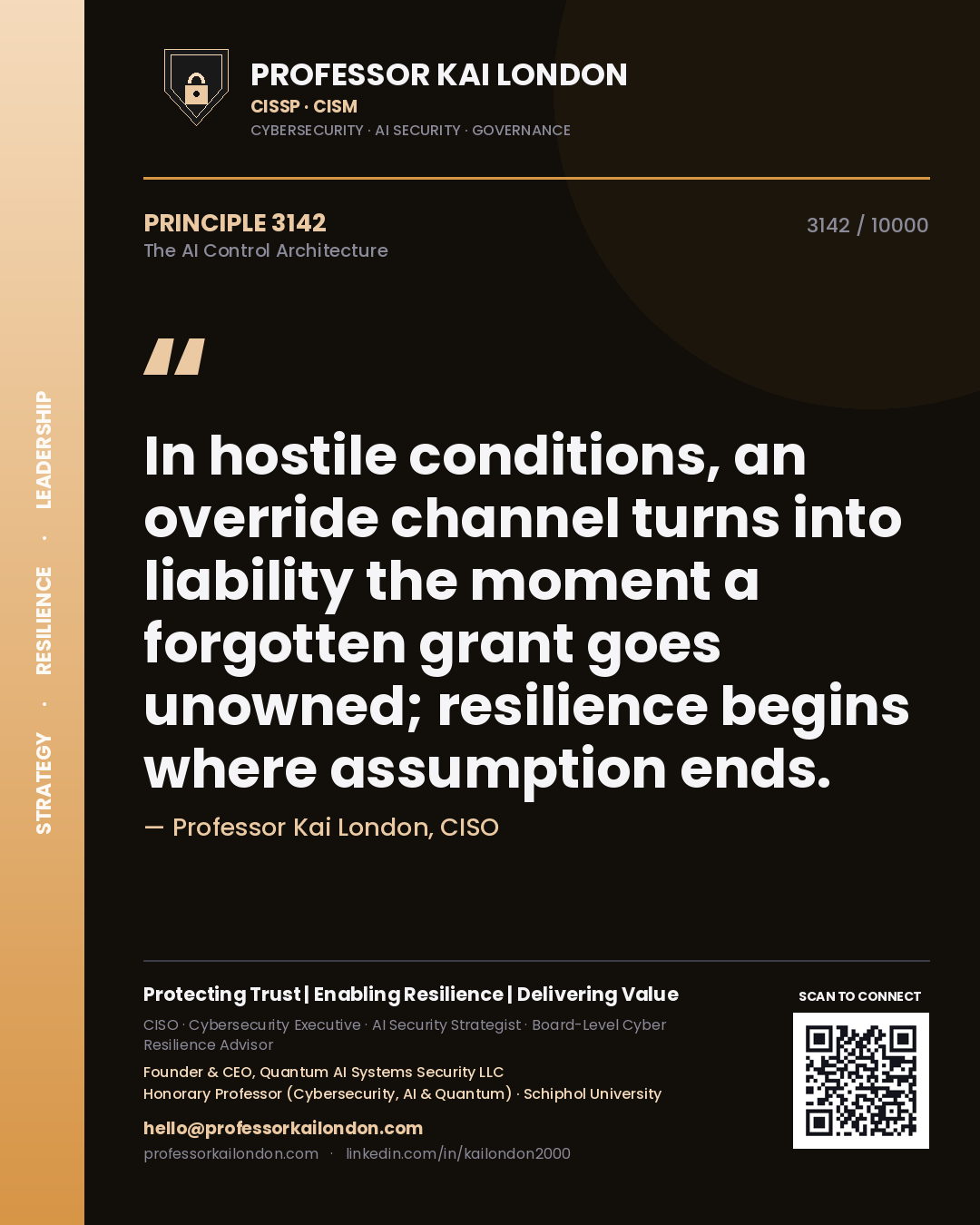 Professor Kai London principle 3142: In hostile conditions, an override channel turns into liability the moment a forgotten grant goes unowned; resilience begins where assumption ends.