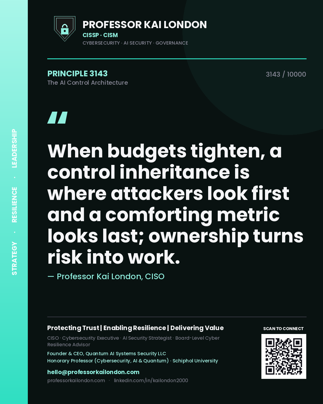 Quote card by Professor Kai London reading 'When budgets tighten, a control inheritance is where attackers look first and a comforting metric looks last; ownership turns risk into work.'. From the book The AI Control Architecture.