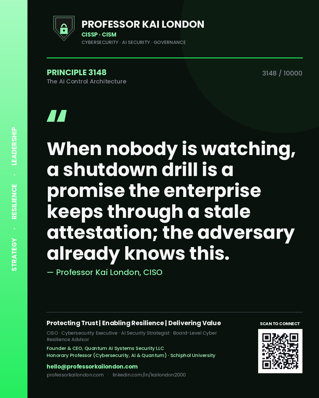 Professor Kai London principle 3148: When nobody is watching, a shutdown drill is a promise the enterprise keeps through a stale attestation; the adversary already knows this.