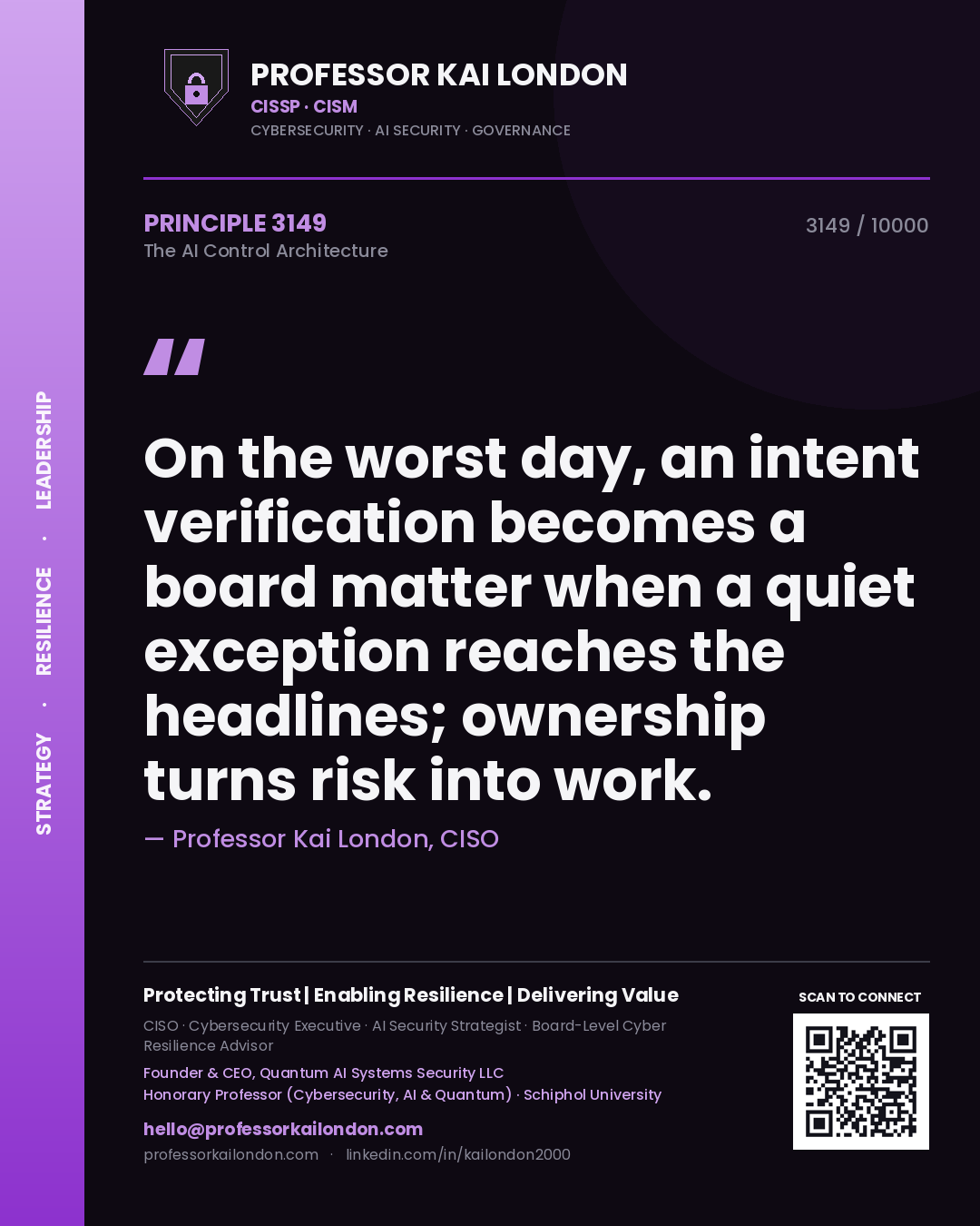 Professor Kai London principle 3149: On the worst day, an intent verification becomes a board matter when a quiet exception reaches the headlines; ownership turns risk into work.