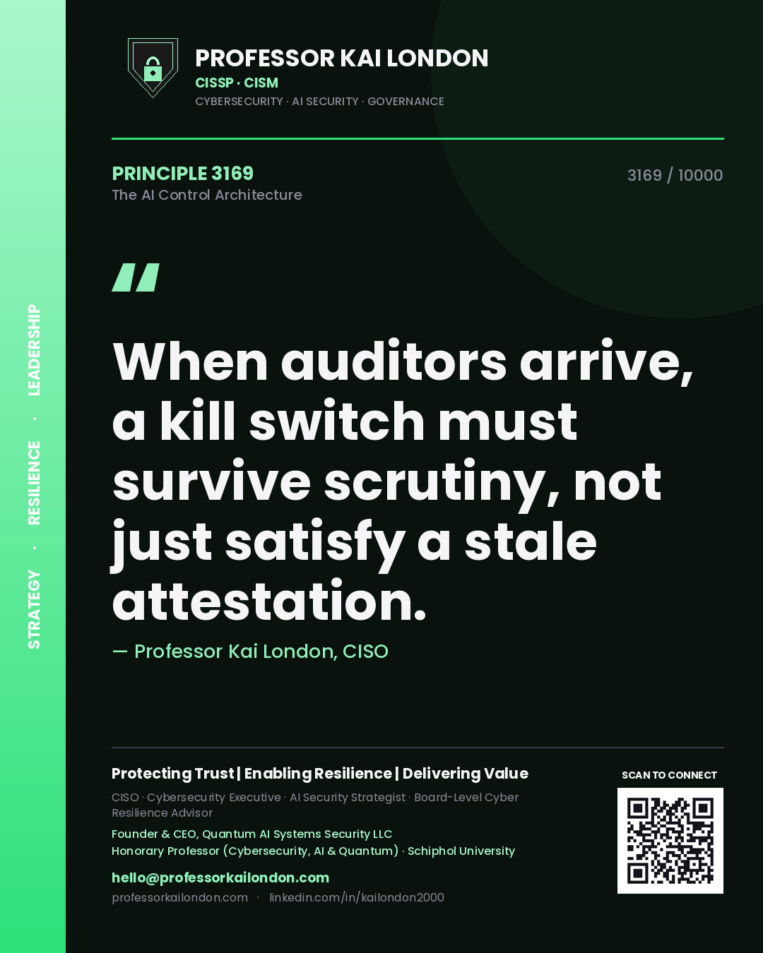 Professor Kai London principle 3169: When auditors arrive, a kill switch must survive scrutiny, not just satisfy a stale attestation.