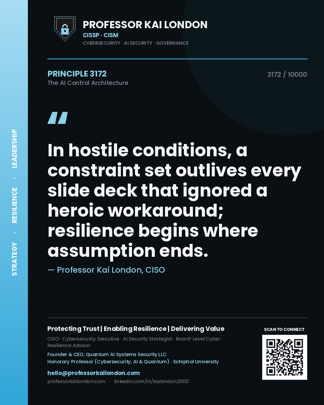 Professor Kai London principle 3172: In hostile conditions, a constraint set outlives every slide deck that ignored a heroic workaround; resilience begins where assumption ends.