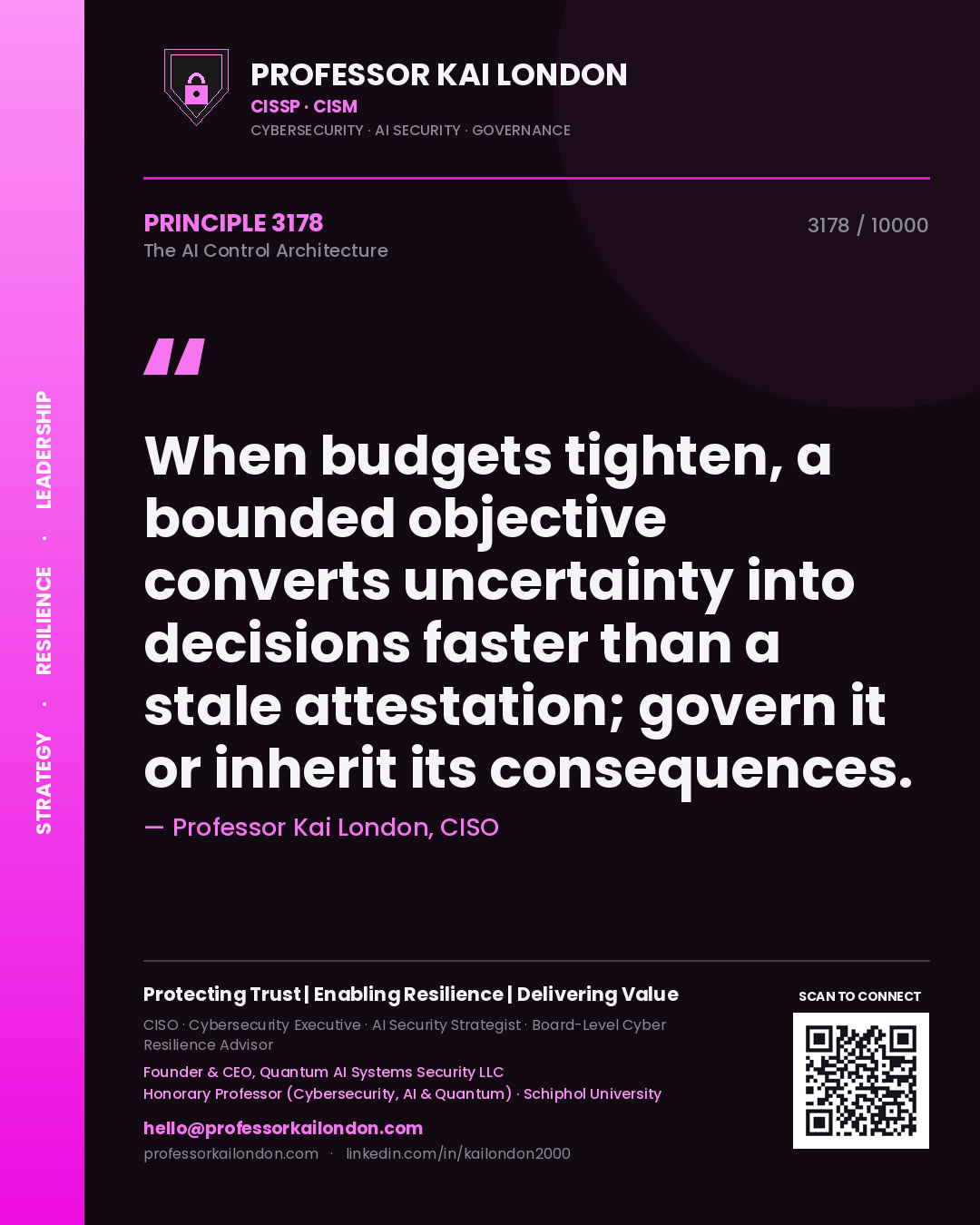 Quote card by Professor Kai London reading 'When budgets tighten, a bounded objective converts uncertainty into decisions faster than a stale attestation; govern it or inherit its consequences.'. From the book The AI Control Architecture.