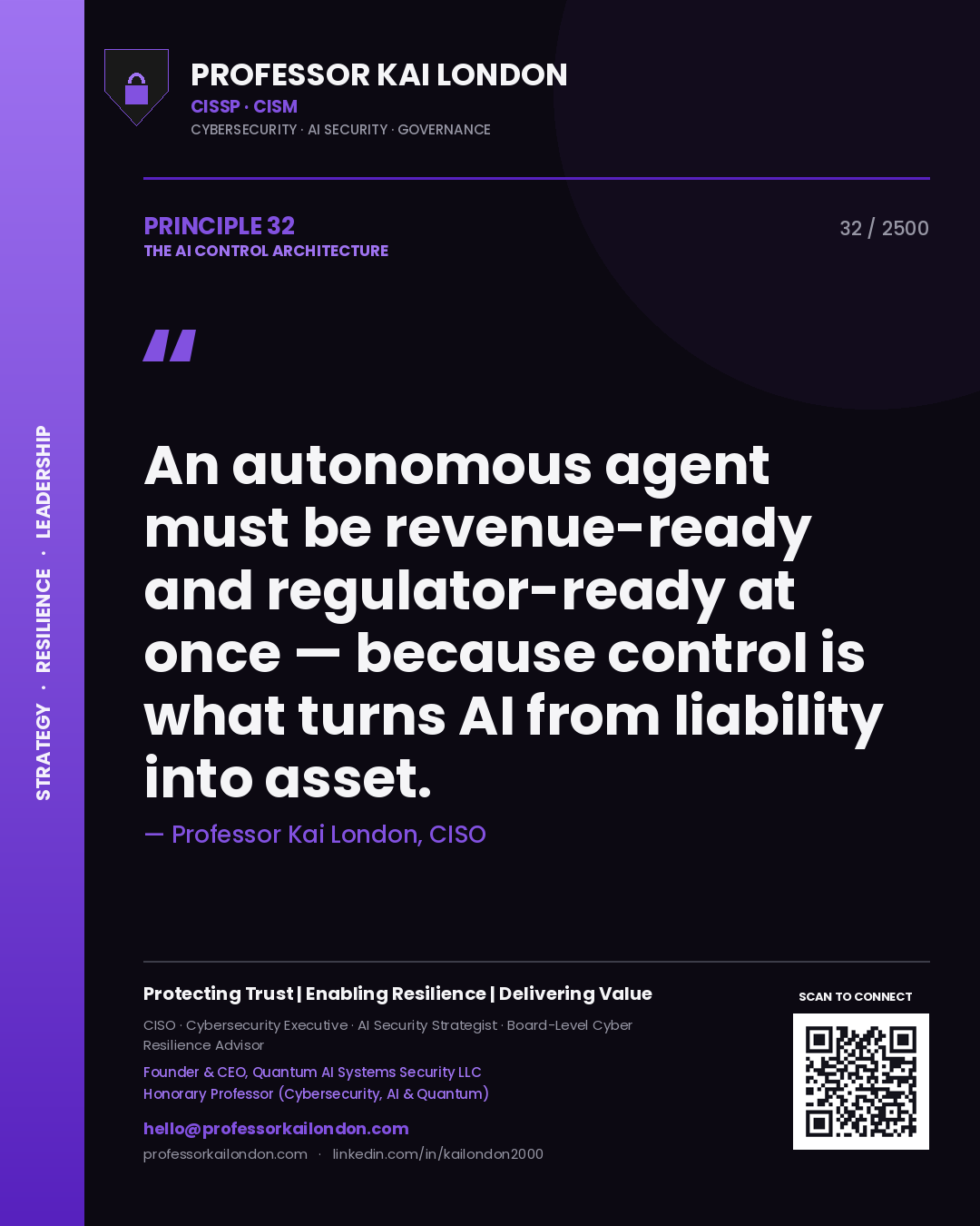 Quote card by Professor Kai London reading 'An autonomous agent must be revenue-ready and regulator-ready at once — because control is what turns AI from liability into asset.'. From the book The AI Control Architecture.