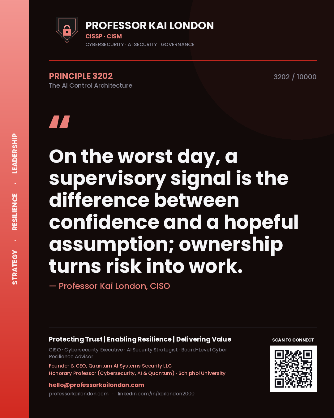 Quote card by Professor Kai London reading 'On the worst day, a supervisory signal is the difference between confidence and a hopeful assumption; ownership turns risk into work.'. From the book The AI Control Architecture.