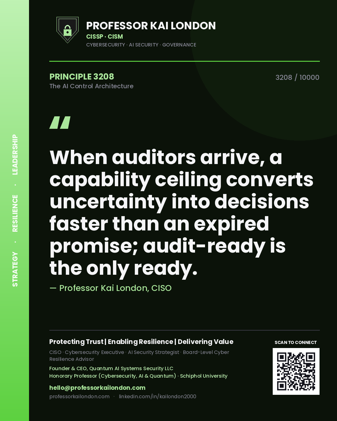Quote card by Professor Kai London reading 'When auditors arrive, a capability ceiling converts uncertainty into decisions faster than an expired promise; audit-ready is the only ready.'. From the book The AI Control Architecture.