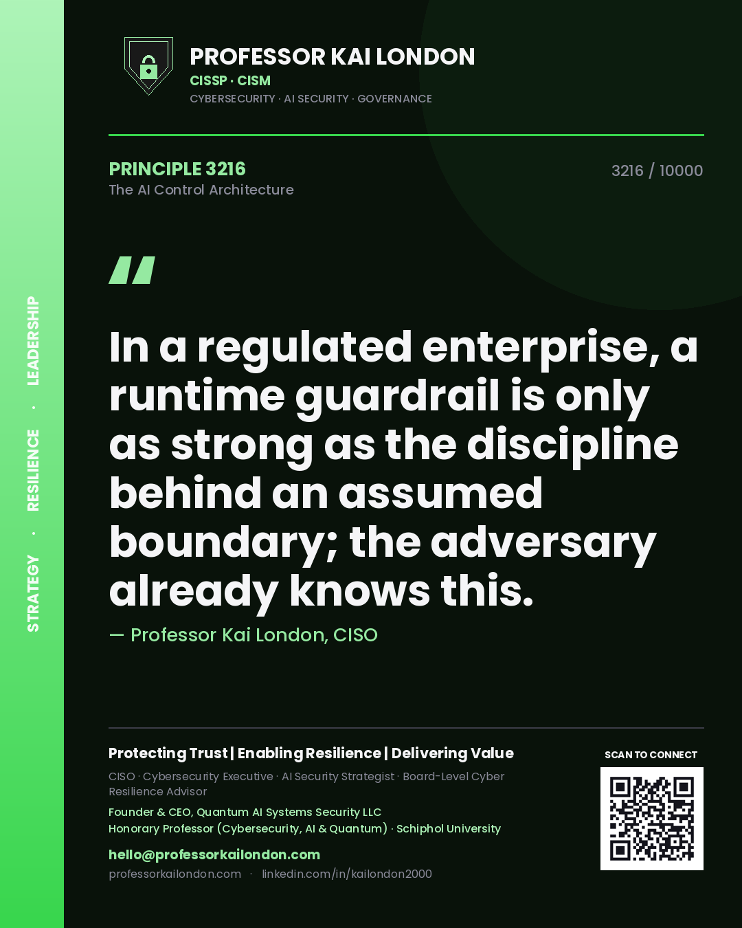 Professor Kai London principle 3216: In a regulated enterprise, a runtime guardrail is only as strong as the discipline behind an assumed boundary; the adversary already knows this.