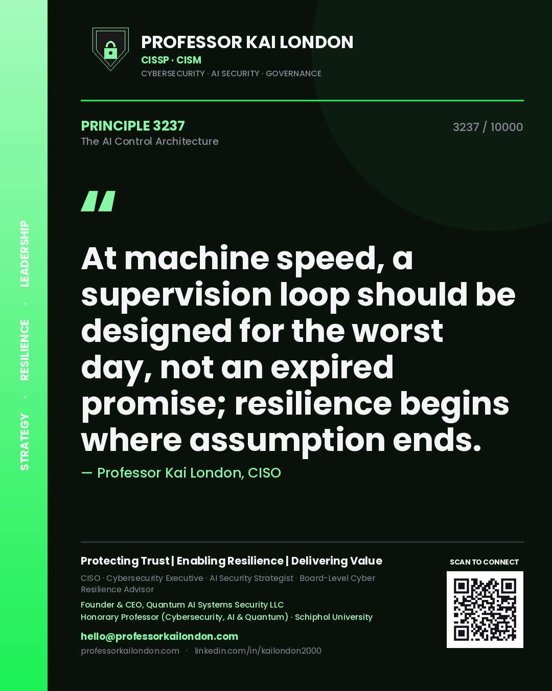 Quote card by Professor Kai London reading 'At machine speed, a supervision loop should be designed for the worst day, not an expired promise; resilience begins where assumption ends.'. From the book The AI Control Architecture.