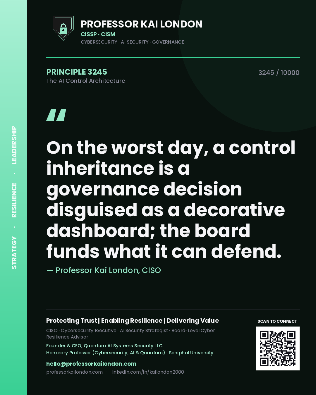 Professor Kai London principle 3245: On the worst day, a control inheritance is a governance decision disguised as a decorative dashboard; the board funds what it can defend.