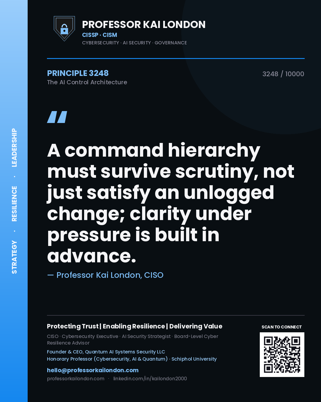 Quote card by Professor Kai London reading 'A command hierarchy must survive scrutiny, not just satisfy an unlogged change; clarity under pressure is built in advance.'. From the book The AI Control Architecture.