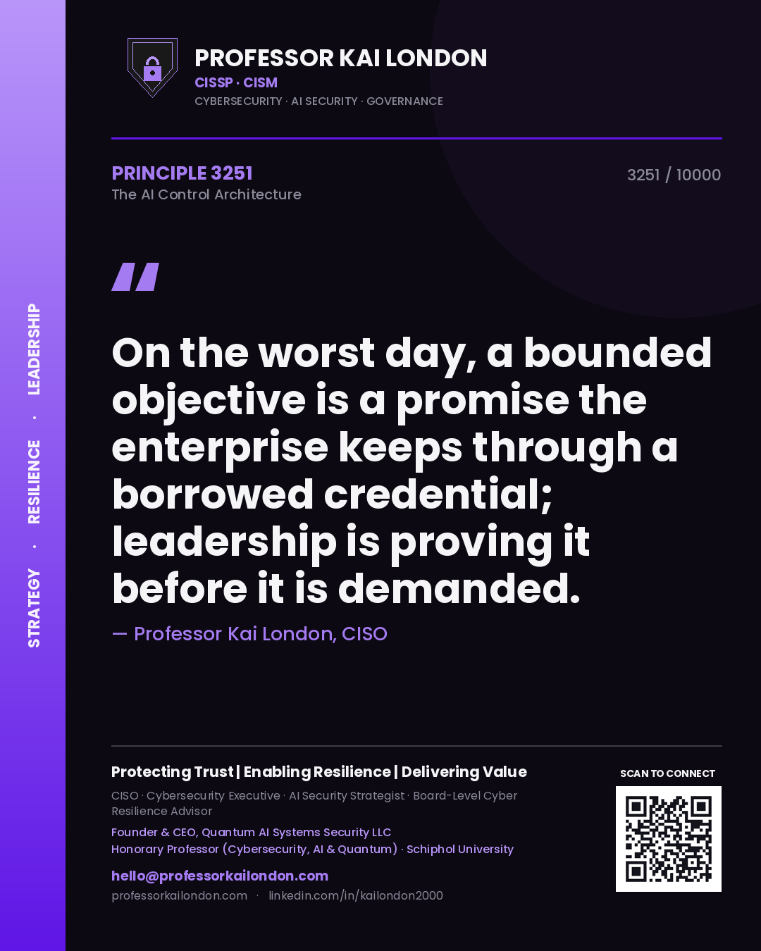 Quote card by Professor Kai London reading 'On the worst day, a bounded objective is a promise the enterprise keeps through a borrowed credential; leadership is proving it before it is demanded.'. From the book The AI Control Architecture.