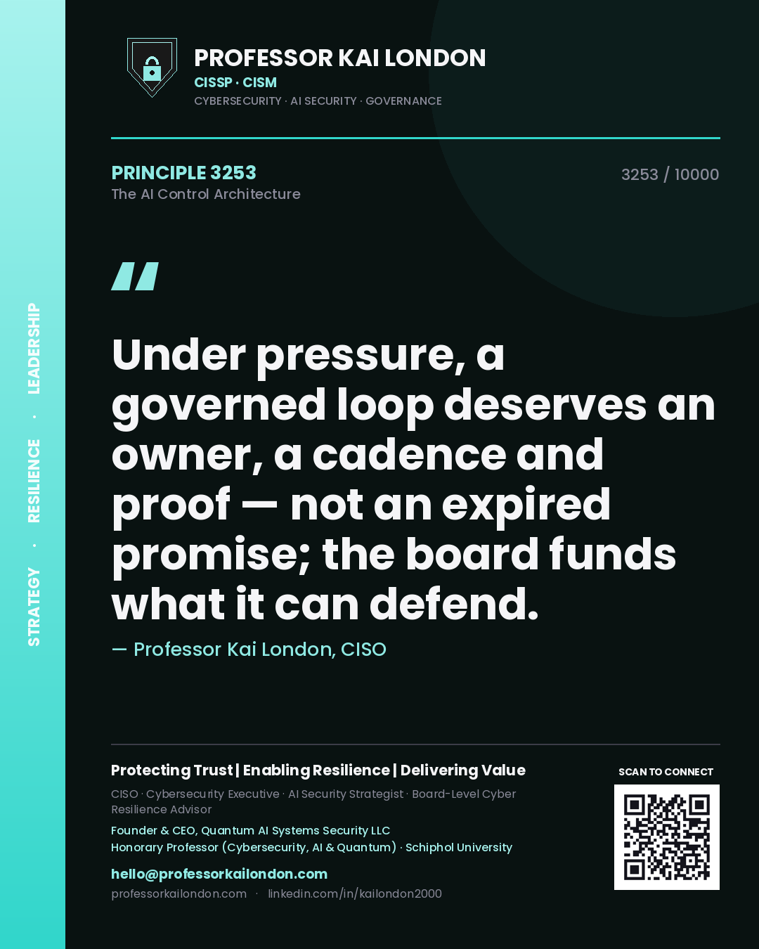 Quote card by Professor Kai London reading 'Under pressure, a governed loop deserves an owner, a cadence and proof — not an expired promise; the board funds what it can defend.'. From the book The AI Control Architecture.
