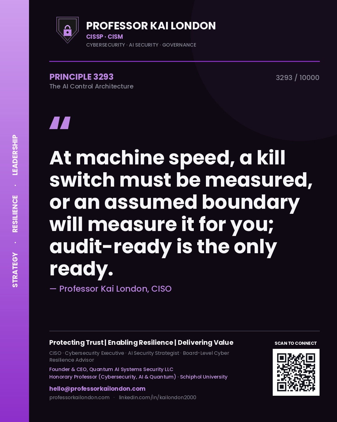 Professor Kai London principle 3293: At machine speed, a kill switch must be measured, or an assumed boundary will measure it for you; audit-ready is the only ready.