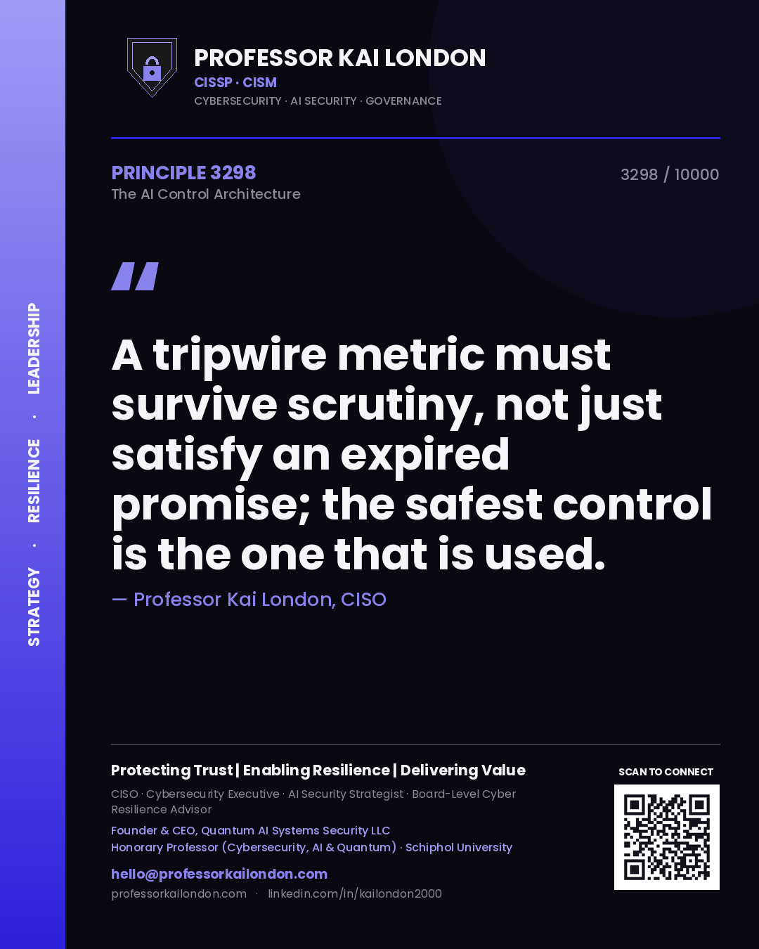 Quote card by Professor Kai London reading 'A tripwire metric must survive scrutiny, not just satisfy an expired promise; the safest control is the one that is used.'. From the book The AI Control Architecture.