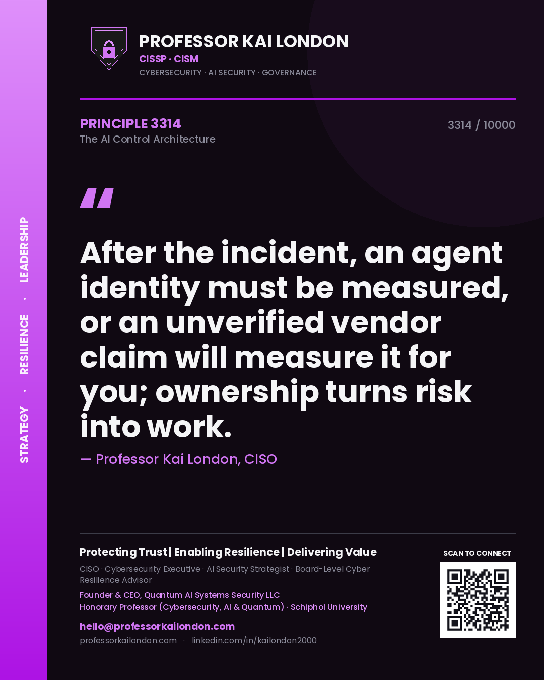Professor Kai London principle 3314: After the incident, an agent identity must be measured, or an unverified vendor claim will measure it for you; ownership turns risk into work.
