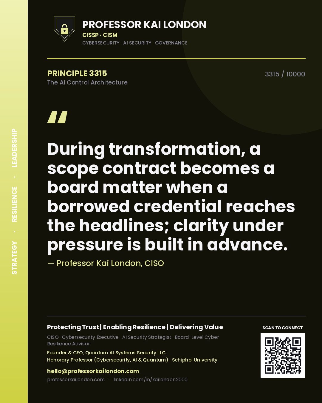 Quote card by Professor Kai London reading 'During transformation, a scope contract becomes a board matter when a borrowed credential reaches the headlines; clarity under pressure is built in advance.'. From the book The AI Control Architecture.