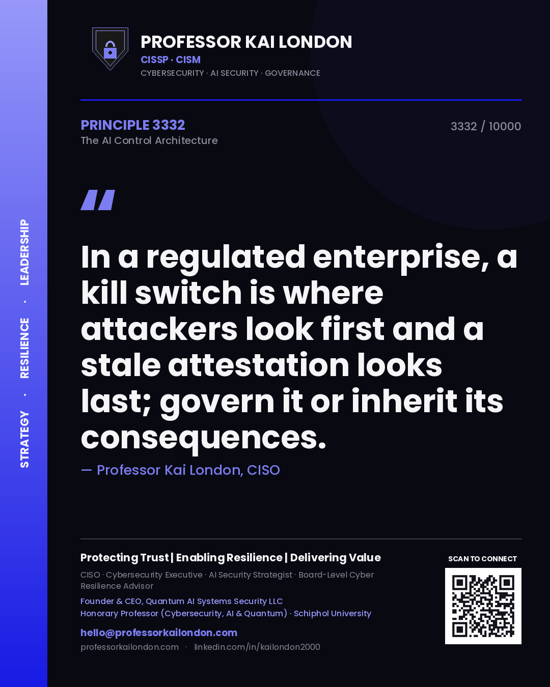 Quote card by Professor Kai London reading 'In a regulated enterprise, a kill switch is where attackers look first and a stale attestation looks last; govern it or inherit its consequences.'. From the book The AI Control Architecture.