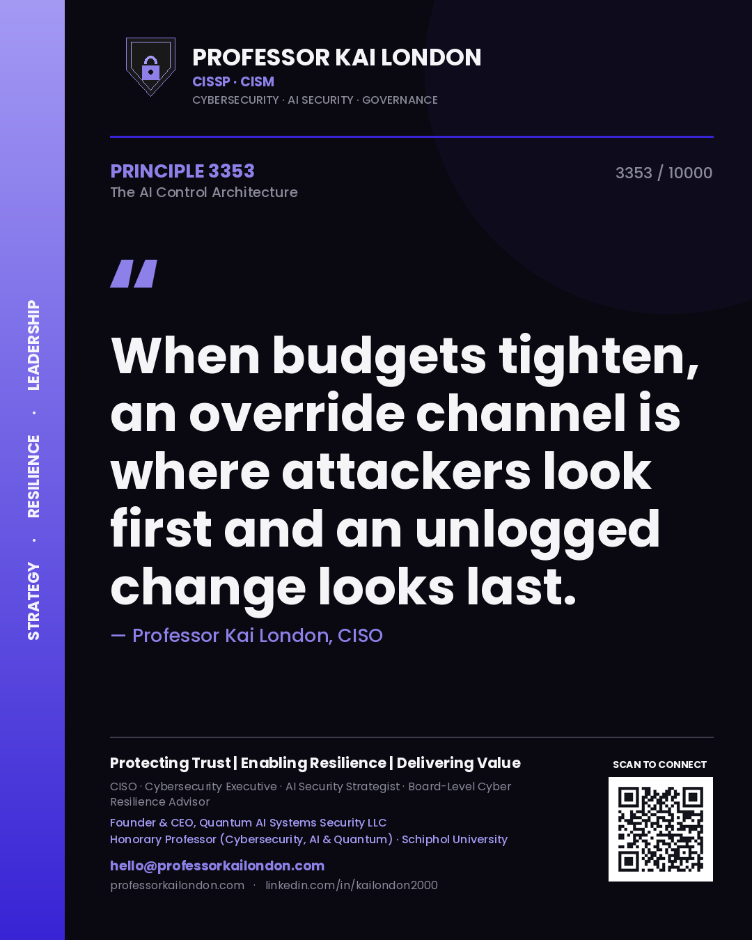 Quote card by Professor Kai London reading 'When budgets tighten, an override channel is where attackers look first and an unlogged change looks last.'. From the book The AI Control Architecture.