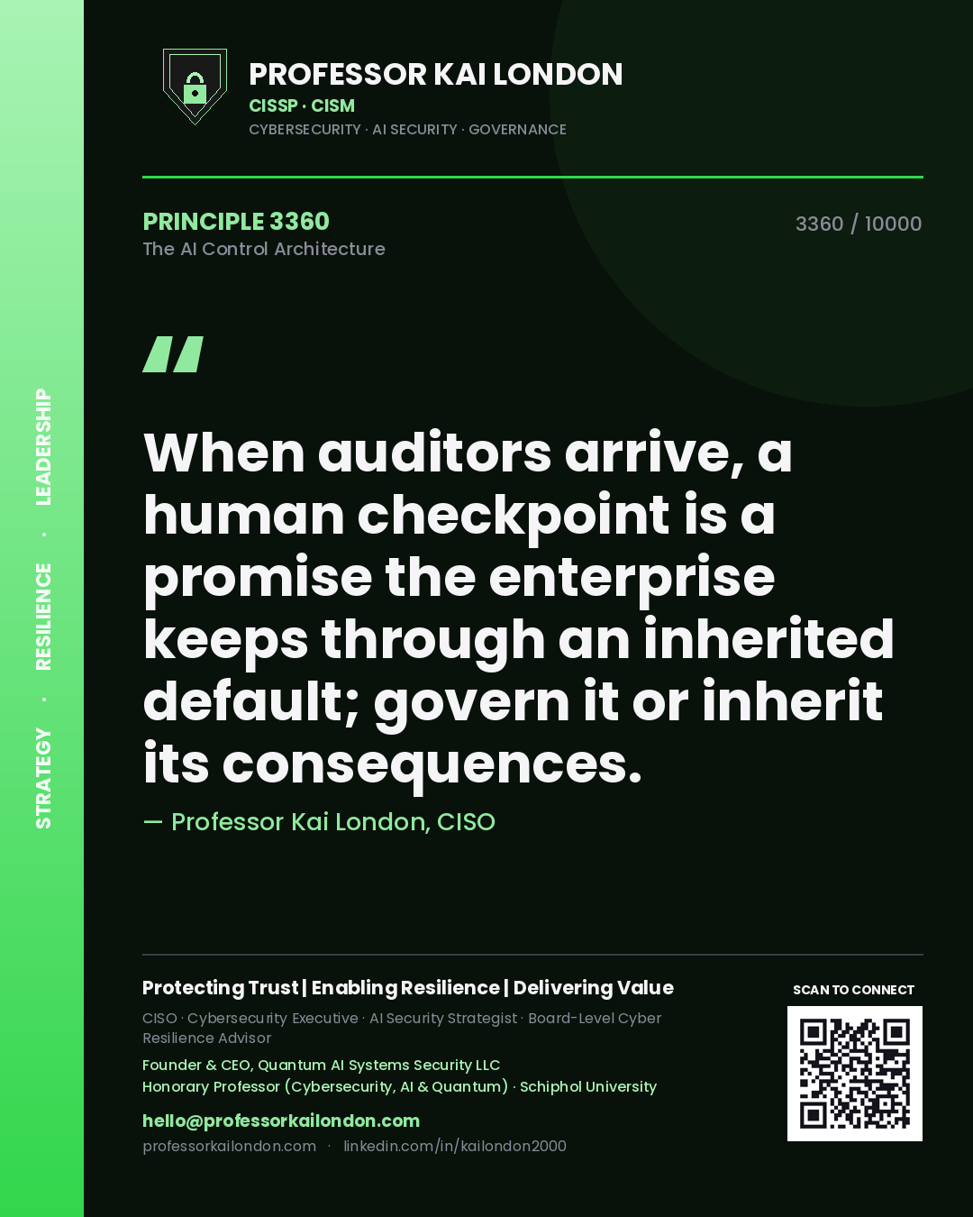 Quote card by Professor Kai London reading 'When auditors arrive, a human checkpoint is a promise the enterprise keeps through an inherited default; govern it or inherit its consequences.'. From the book The AI Control Architecture.