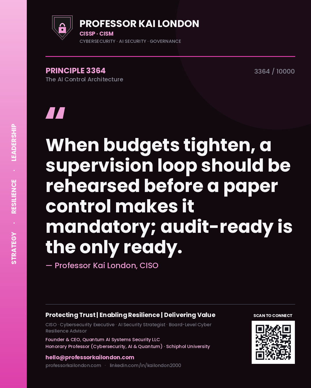 Quote card by Professor Kai London reading 'When budgets tighten, a supervision loop should be rehearsed before a paper control makes it mandatory; audit-ready is the only ready.'. From the book The AI Control Architecture.