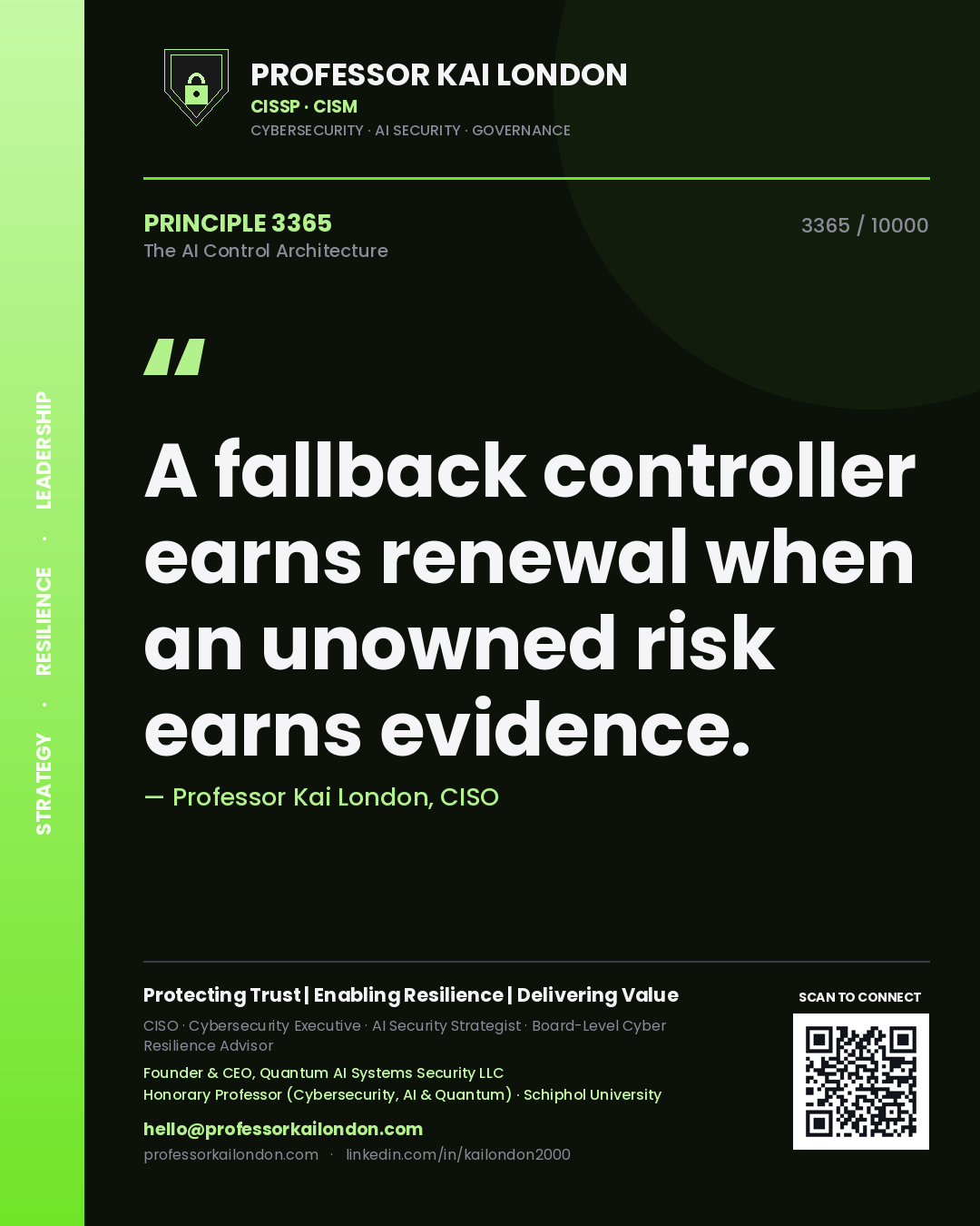 Professor Kai London principle 3365: A fallback controller earns renewal when an unowned risk earns evidence.