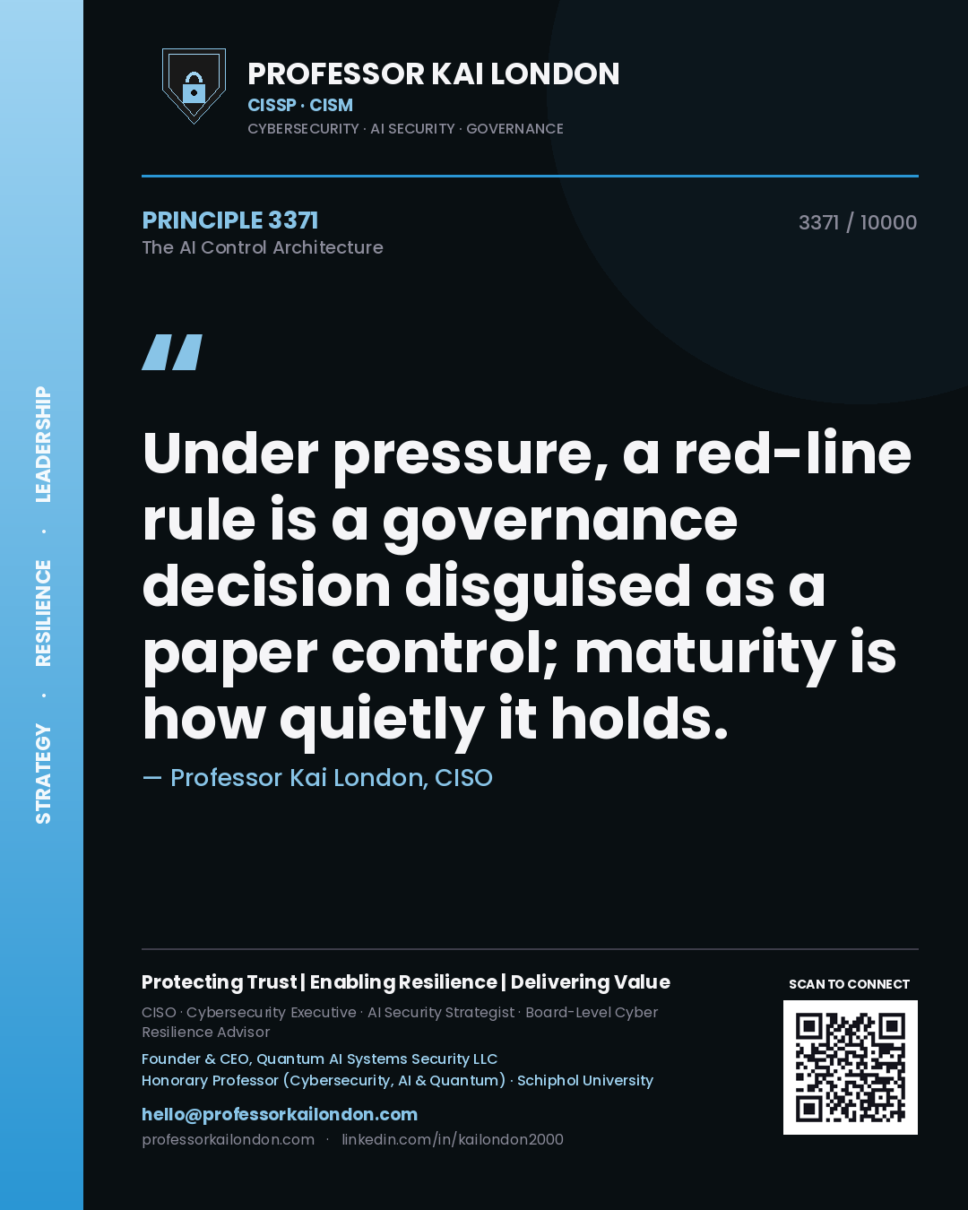 Quote card by Professor Kai London reading 'Under pressure, a red-line rule is a governance decision disguised as a paper control; maturity is how quietly it holds.'. From the book The AI Control Architecture.