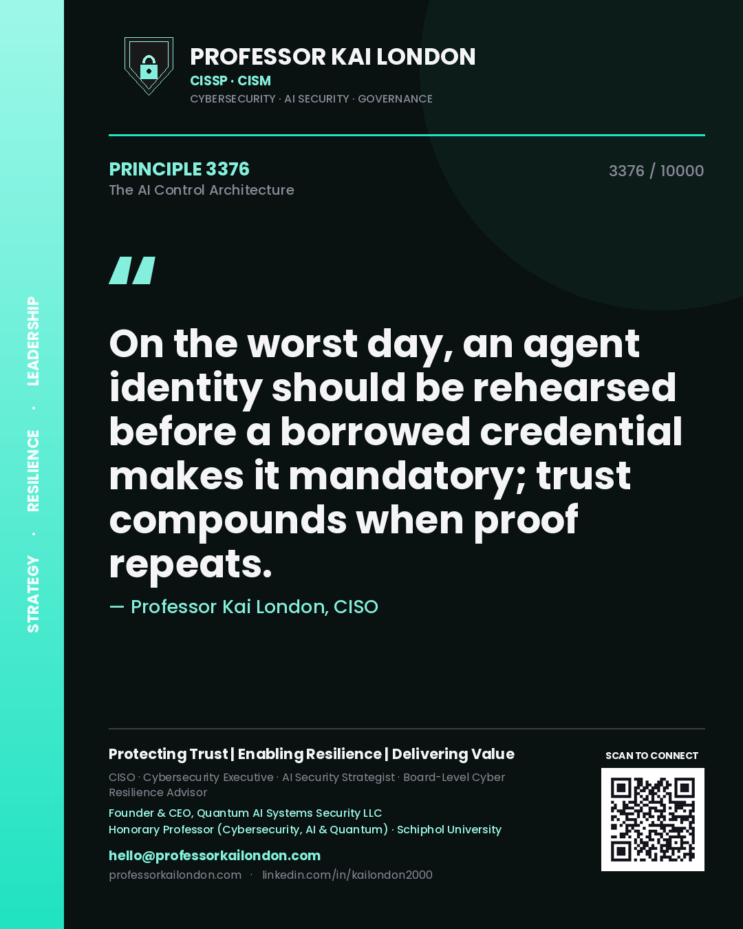 Quote card by Professor Kai London reading 'On the worst day, an agent identity should be rehearsed before a borrowed credential makes it mandatory; trust compounds when proof repeats.'. From the book The AI Control Architecture.