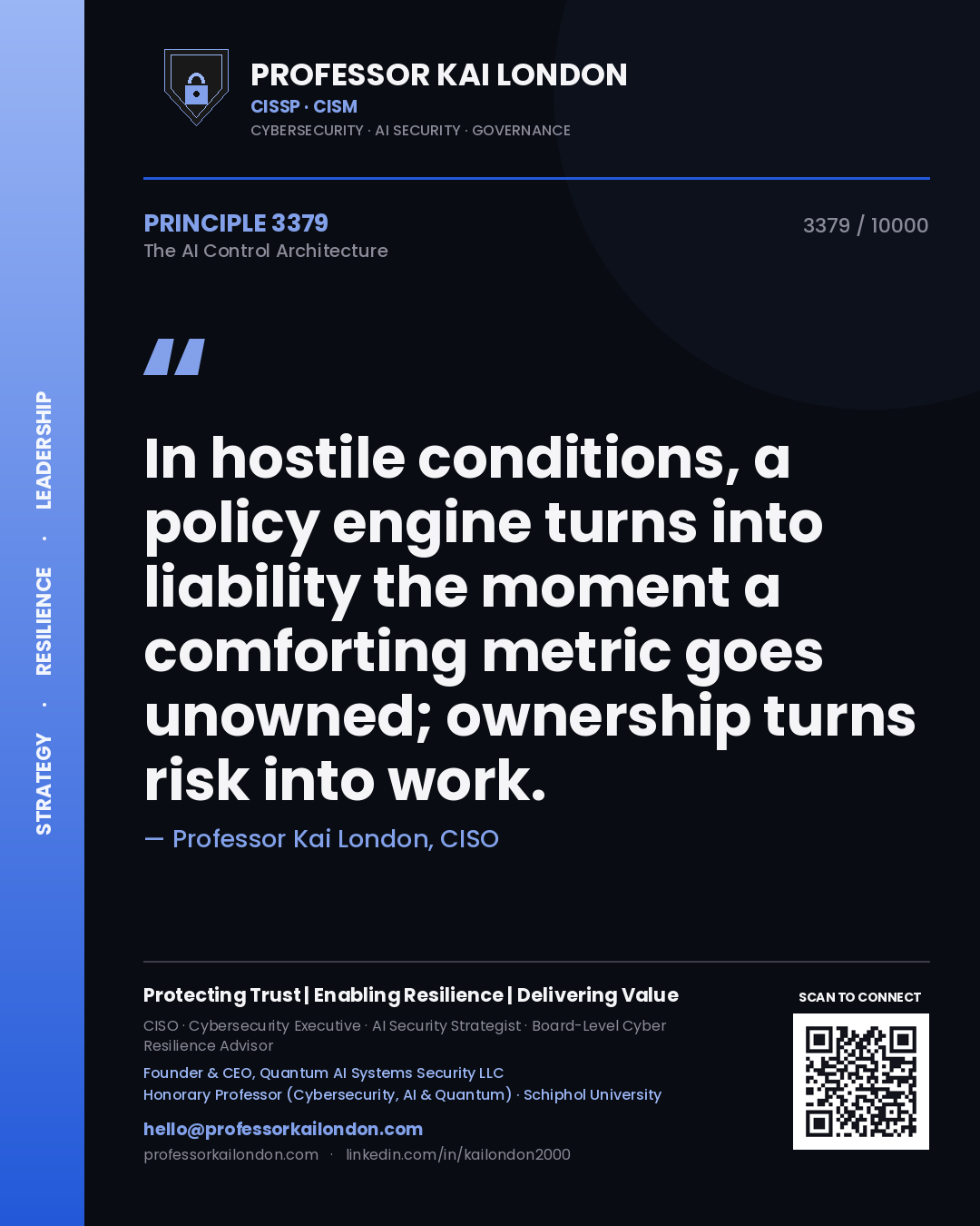Quote card by Professor Kai London reading 'In hostile conditions, a policy engine turns into liability the moment a comforting metric goes unowned; ownership turns risk into work.'. From the book The AI Control Architecture.