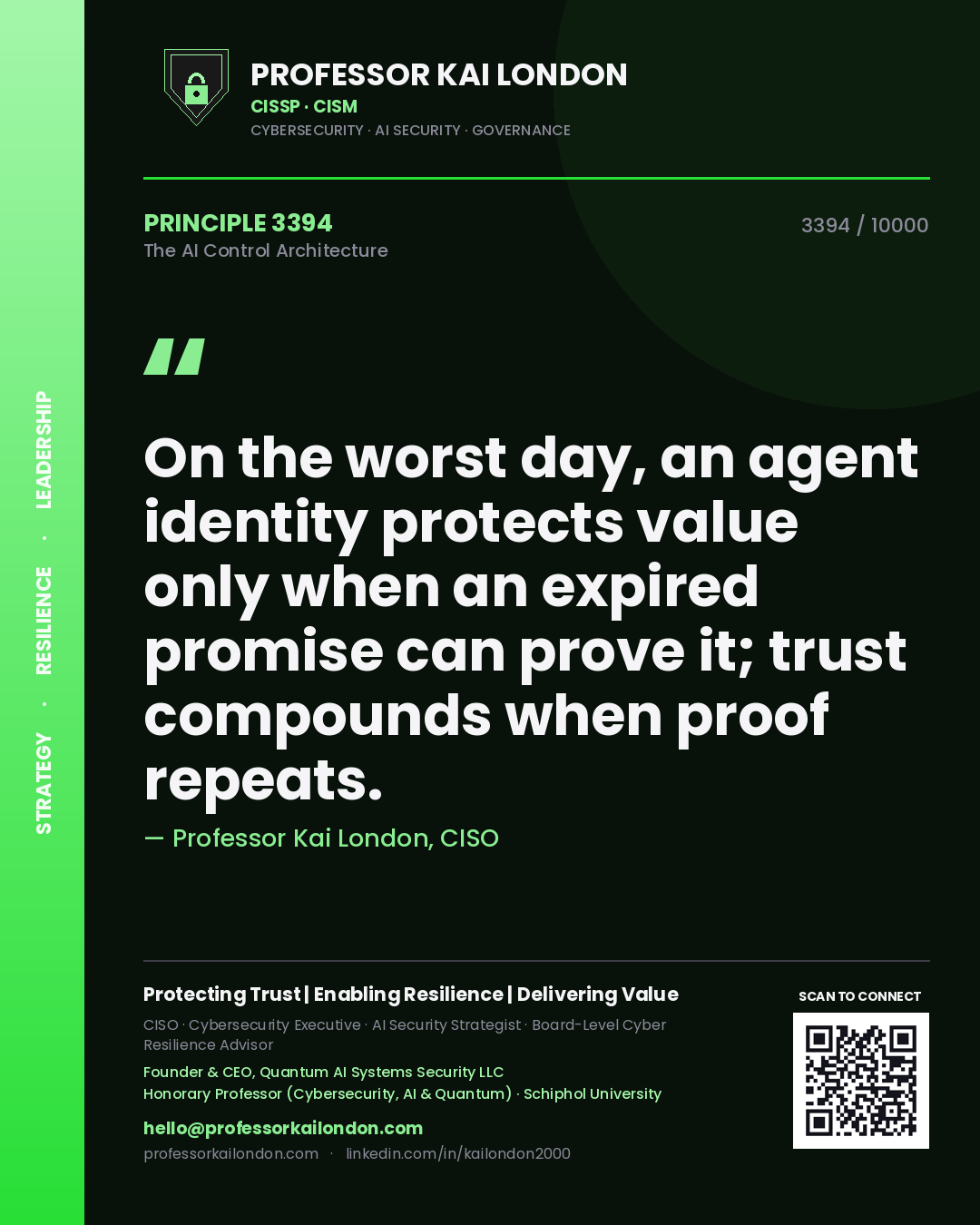 Quote card by Professor Kai London reading 'On the worst day, an agent identity protects value only when an expired promise can prove it; trust compounds when proof repeats.'. From the book The AI Control Architecture.