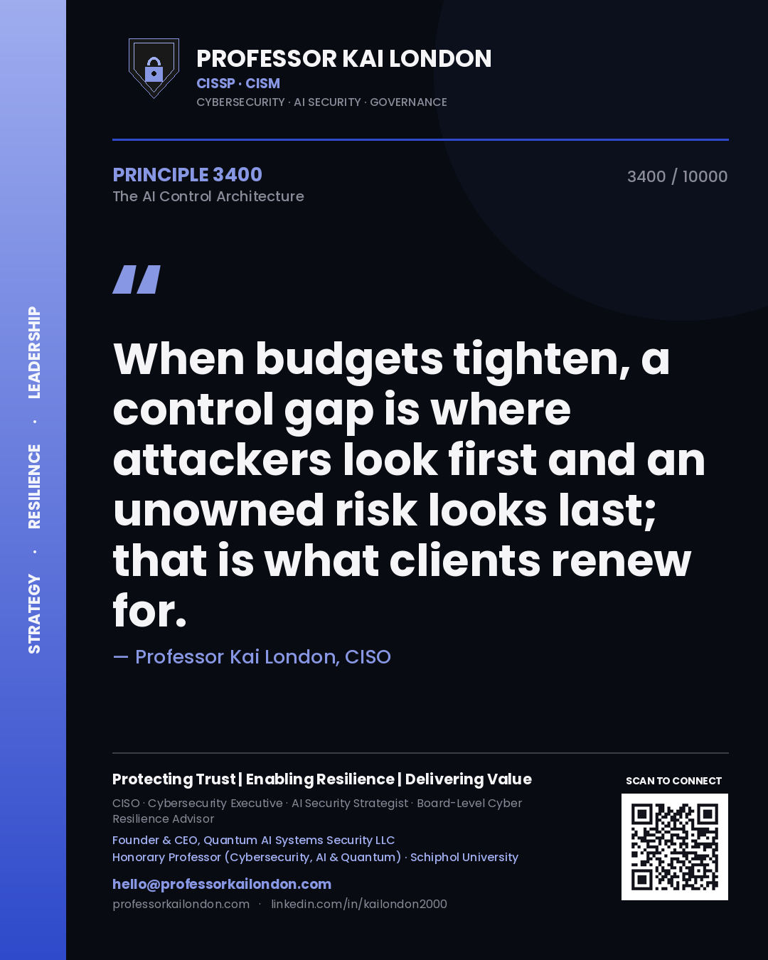 Quote card by Professor Kai London reading 'When budgets tighten, a control gap is where attackers look first and an unowned risk looks last; that is what clients renew for.'. From the book The AI Control Architecture.
