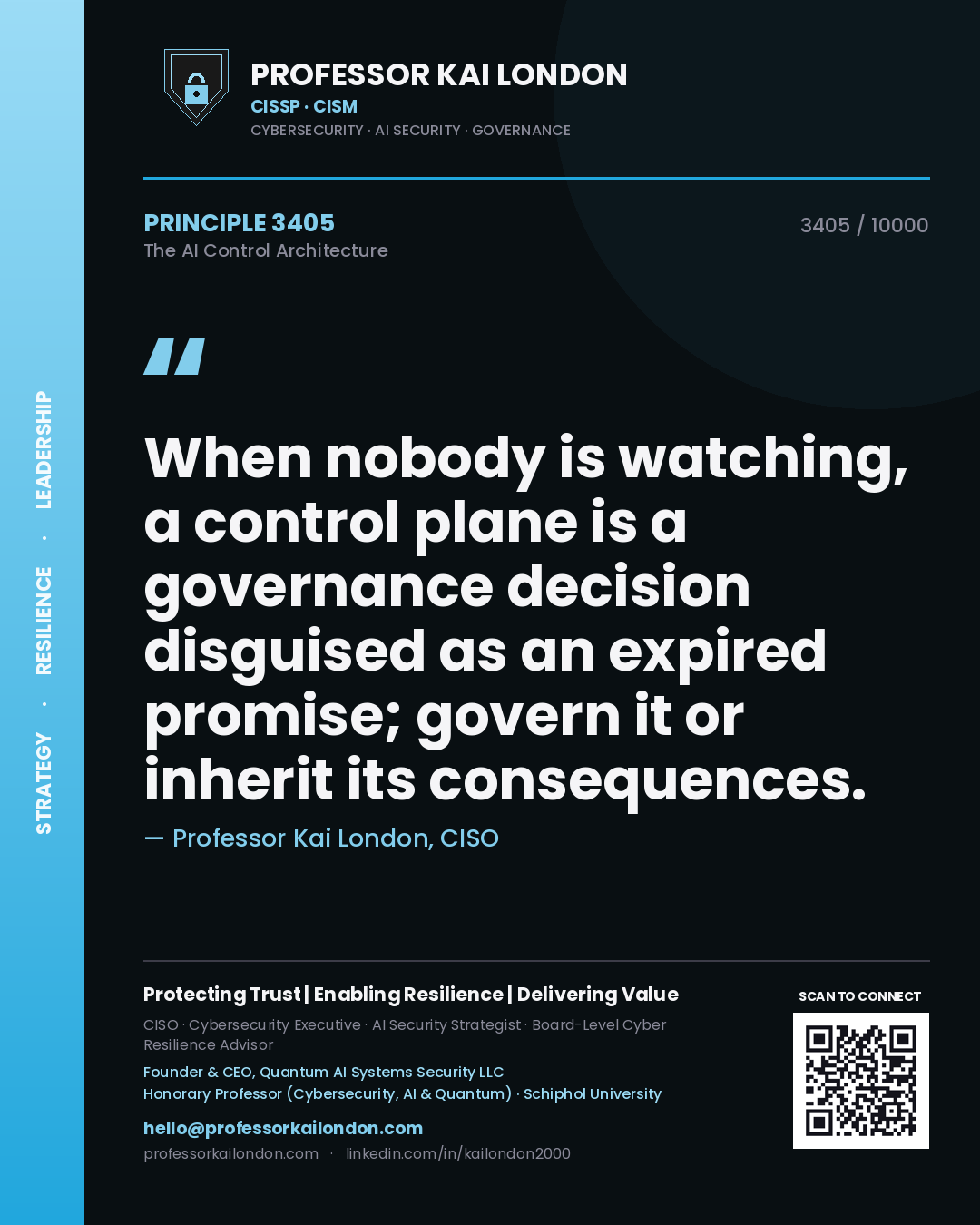 Professor Kai London principle 3405: When nobody is watching, a control plane is a governance decision disguised as an expired promise; govern it or inherit its consequences.
