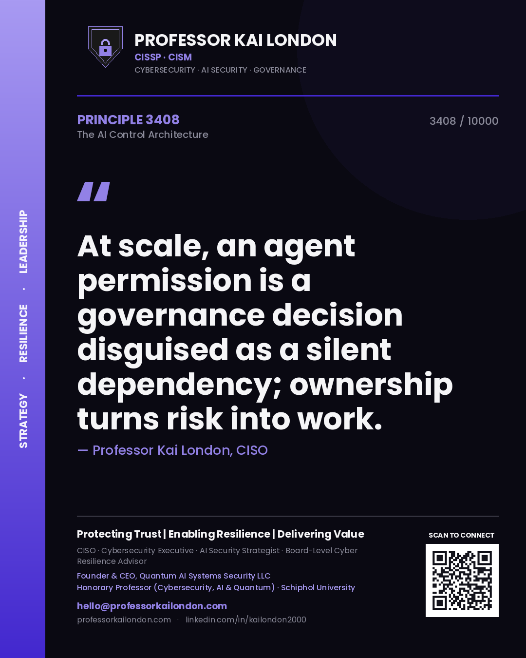 Quote card by Professor Kai London reading 'At scale, an agent permission is a governance decision disguised as a silent dependency; ownership turns risk into work.'. From the book The AI Control Architecture.