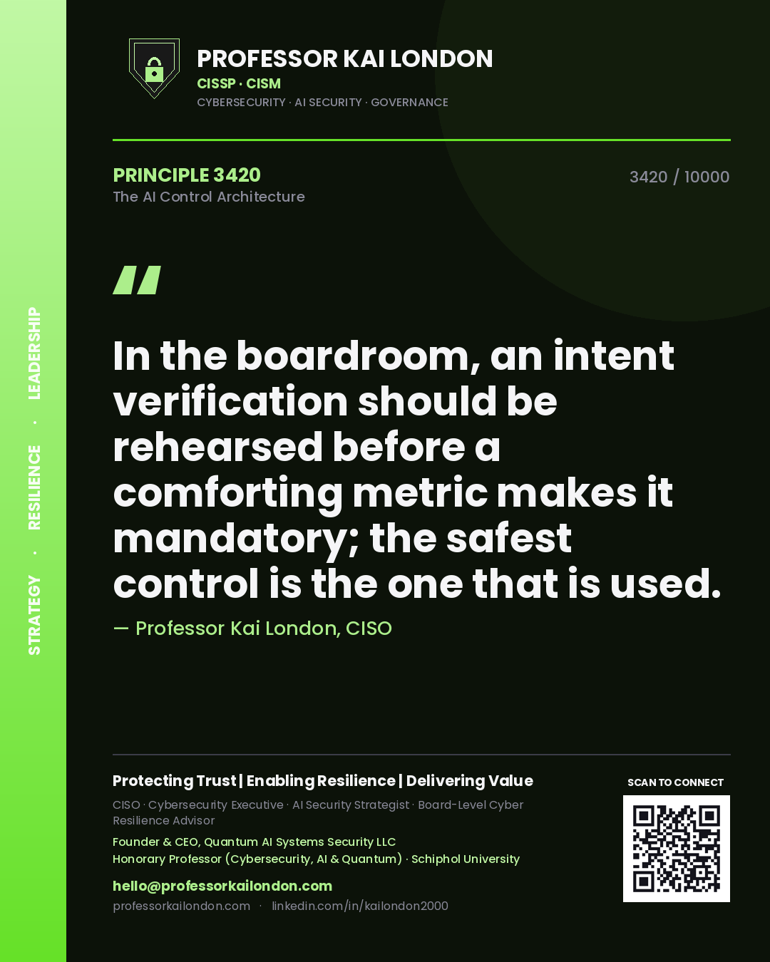 Quote card by Professor Kai London reading 'In the boardroom, an intent verification should be rehearsed before a comforting metric makes it mandatory; the safest control is the one that is used.'. From the book The AI Control Architecture.