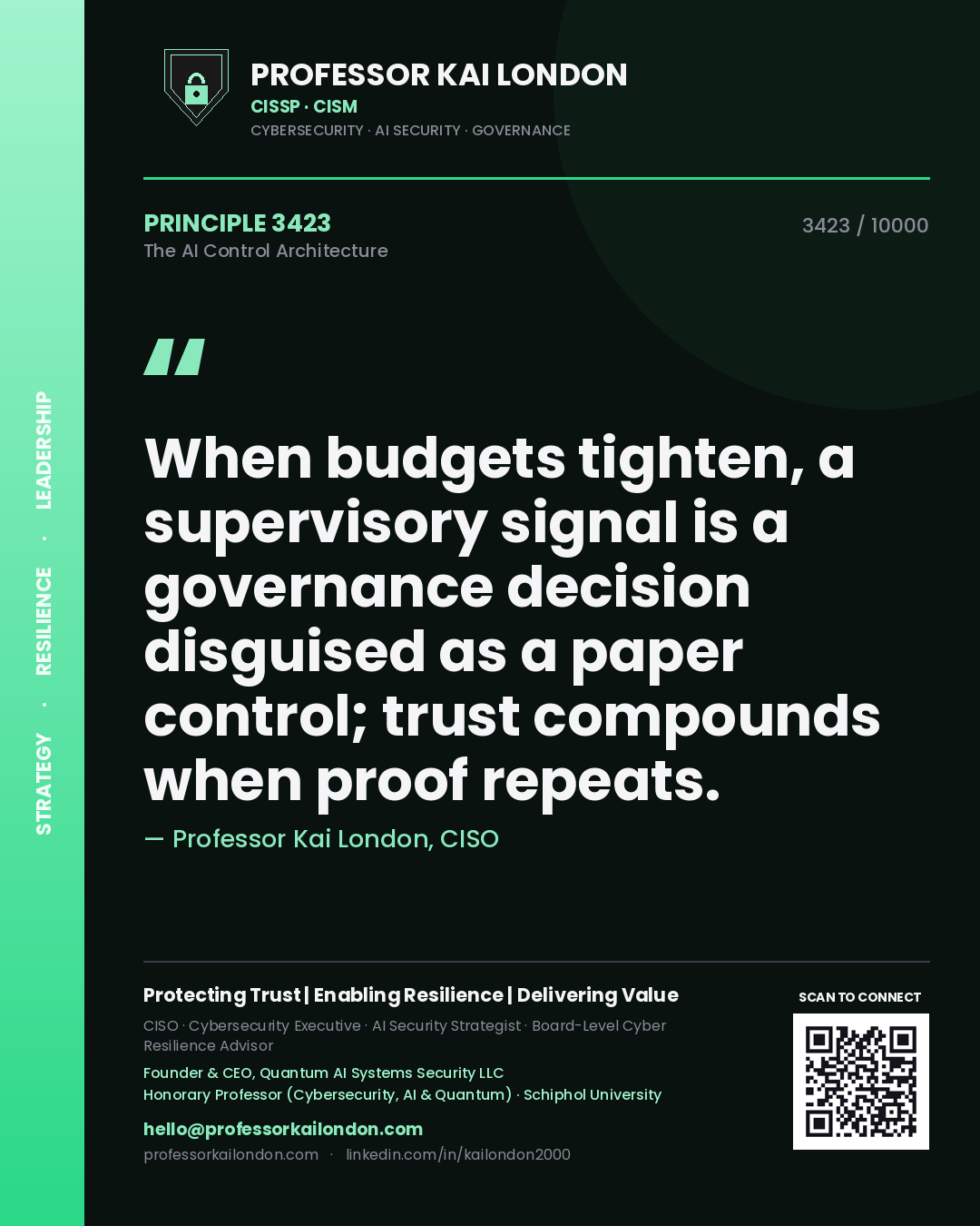 Quote card by Professor Kai London reading 'When budgets tighten, a supervisory signal is a governance decision disguised as a paper control; trust compounds when proof repeats.'. From the book The AI Control Architecture.