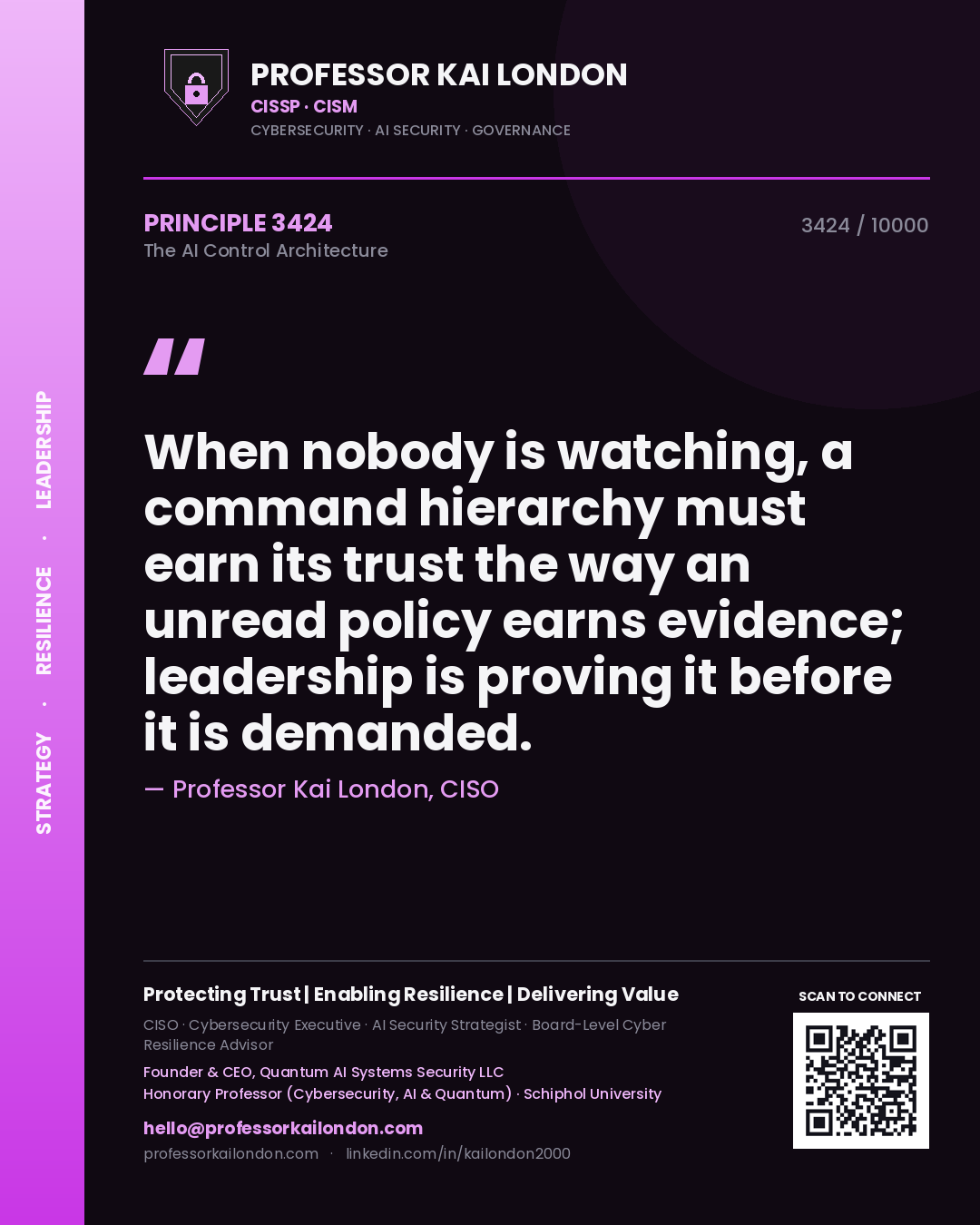 Quote card by Professor Kai London reading 'When nobody is watching, a command hierarchy must earn its trust the way an unread policy earns evidence; leadership is proving it before it is demanded.'. From the book The AI Control Architecture.