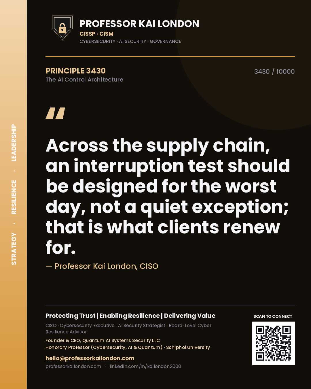 Quote card by Professor Kai London reading 'Across the supply chain, an interruption test should be designed for the worst day, not a quiet exception; that is what clients renew for.'. From the book The AI Control Architecture.