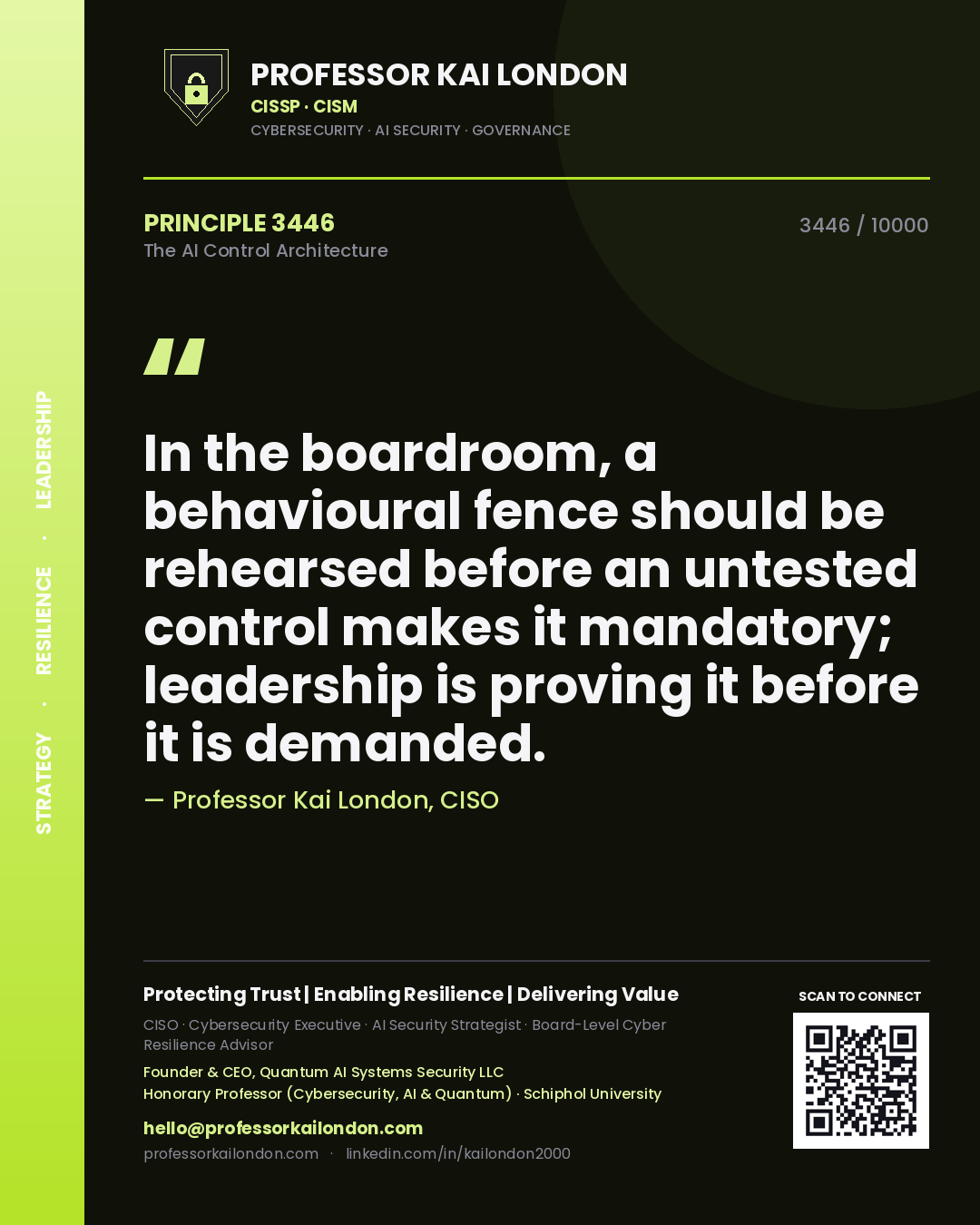 Professor Kai London principle 3446: In the boardroom, a behavioural fence should be rehearsed before an untested control makes it mandatory; leadership is proving it before it is demanded.