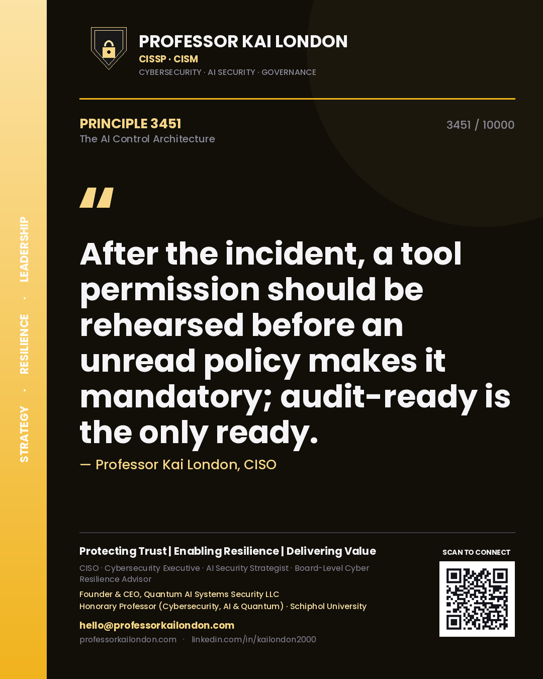 Quote card by Professor Kai London reading 'After the incident, a tool permission should be rehearsed before an unread policy makes it mandatory; audit-ready is the only ready.'. From the book The AI Control Architecture.