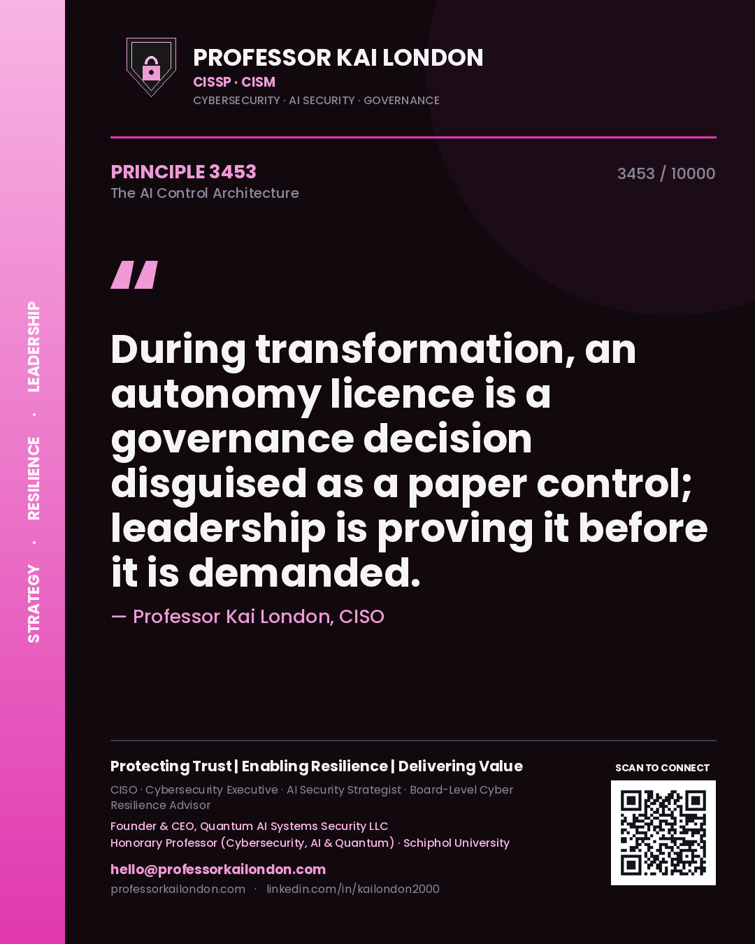 Quote card by Professor Kai London reading 'During transformation, an autonomy licence is a governance decision disguised as a paper control; leadership is proving it before it is demanded.'. From the book The AI Control Architecture.
