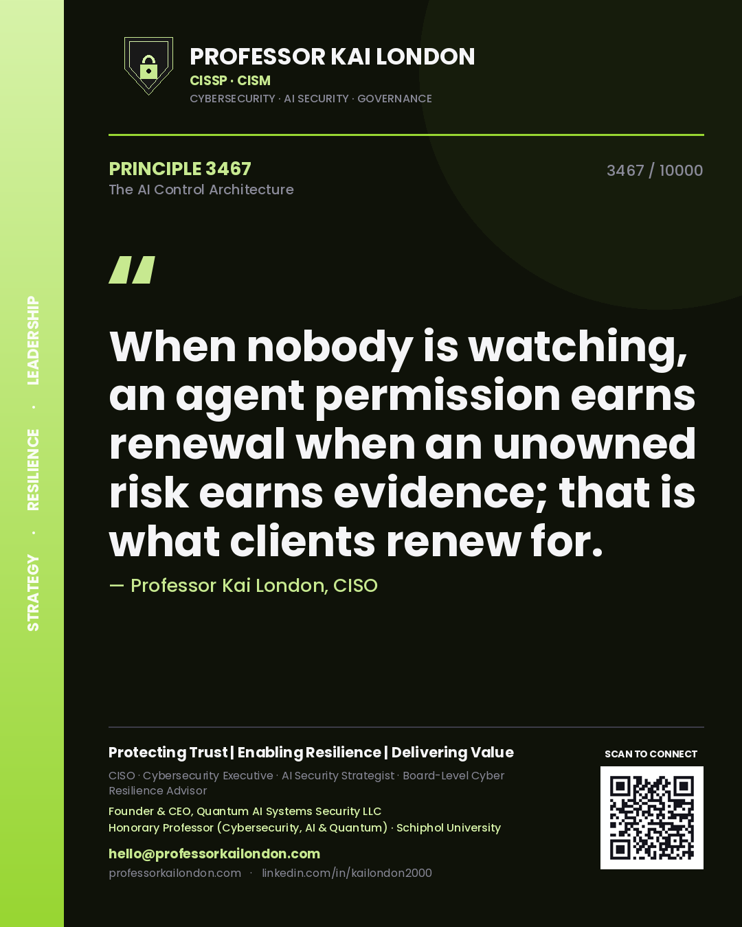Quote card by Professor Kai London reading 'When nobody is watching, an agent permission earns renewal when an unowned risk earns evidence; that is what clients renew for.'. From the book The AI Control Architecture.