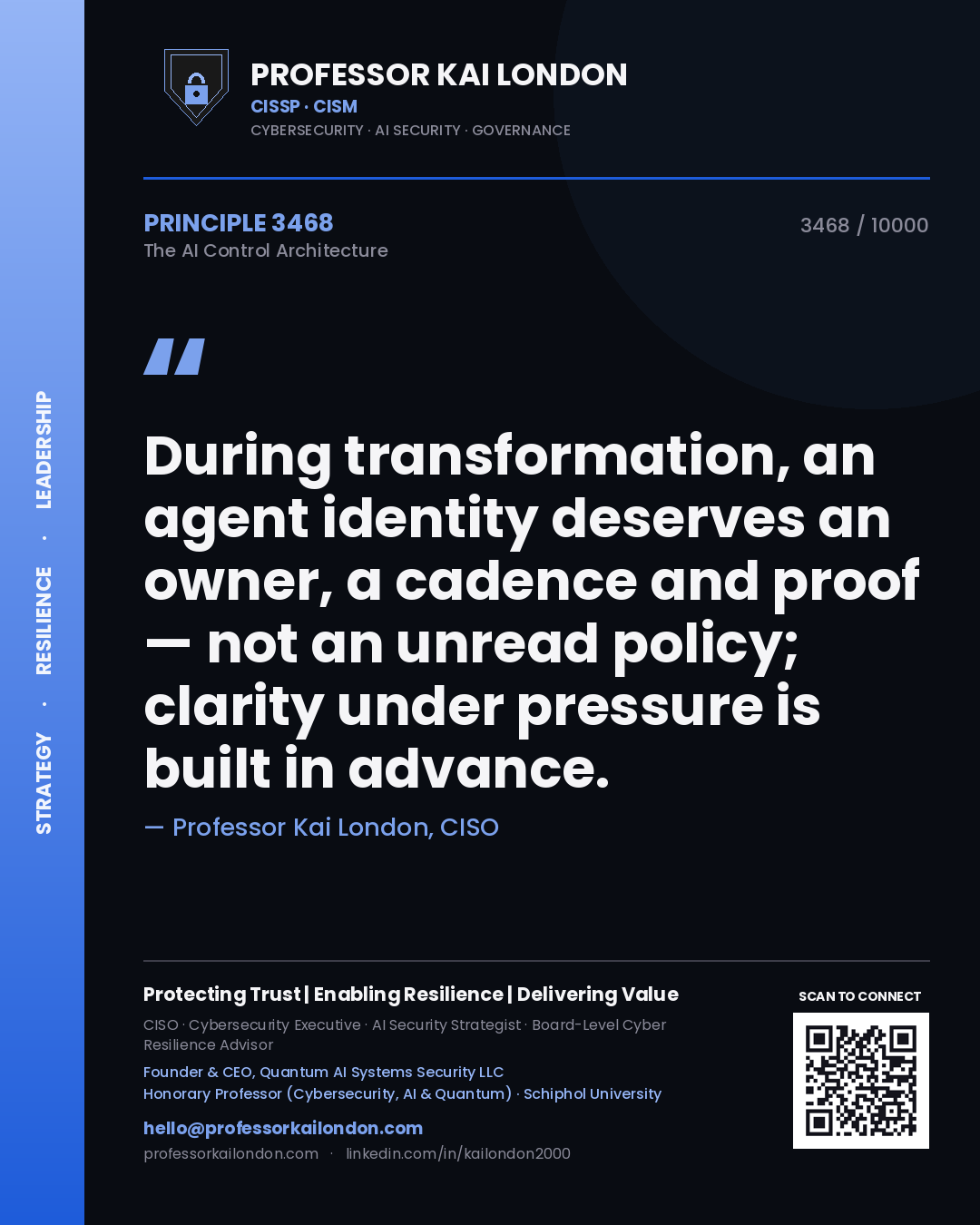 Quote card by Professor Kai London reading 'During transformation, an agent identity deserves an owner, a cadence and proof — not an unread policy; clarity under pressure is built in advance.'. From the book The AI Control Architecture.