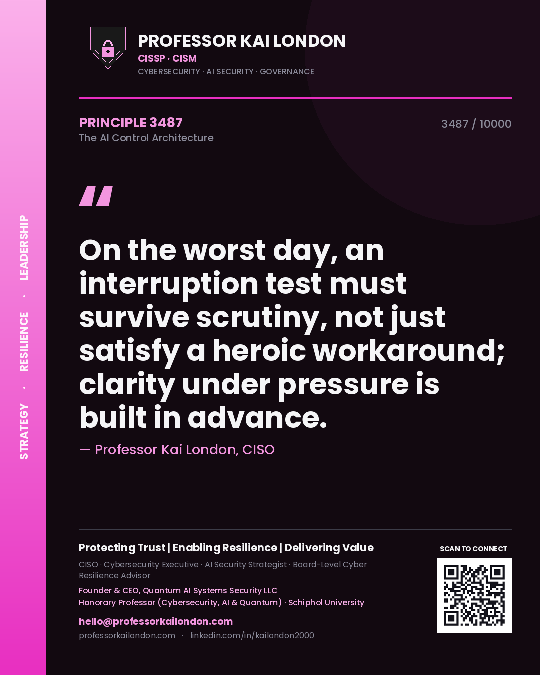 Professor Kai London principle 3487: On the worst day, an interruption test must survive scrutiny, not just satisfy a heroic workaround; clarity under pressure is built in advance.