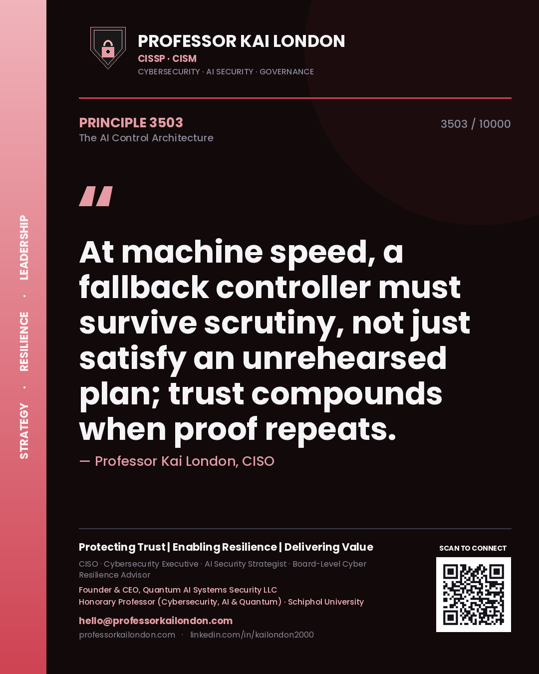 Quote card by Professor Kai London reading 'At machine speed, a fallback controller must survive scrutiny, not just satisfy an unrehearsed plan; trust compounds when proof repeats.'. From the book The AI Control Architecture.