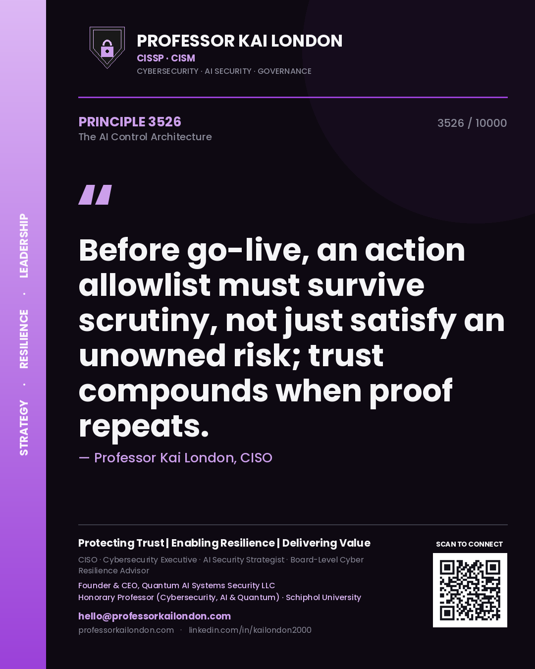 Professor Kai London principle 3526: Before go-live, an action allowlist must survive scrutiny, not just satisfy an unowned risk; trust compounds when proof repeats.